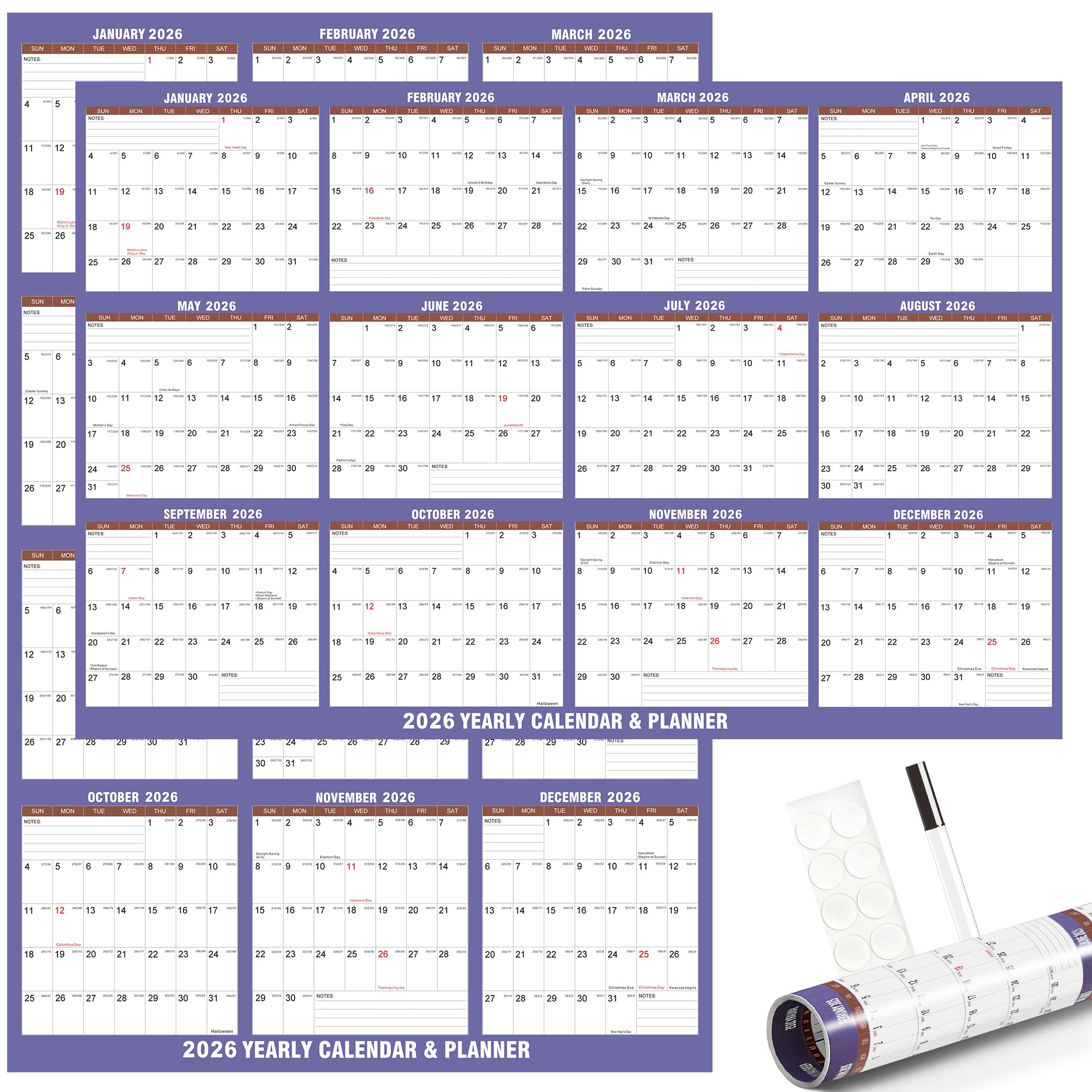 Extra Large 32" x 48" 2026 Yearly Wall Planner: Reversible Laminated Wet & Dry Erase Calendar for Maximum Organization