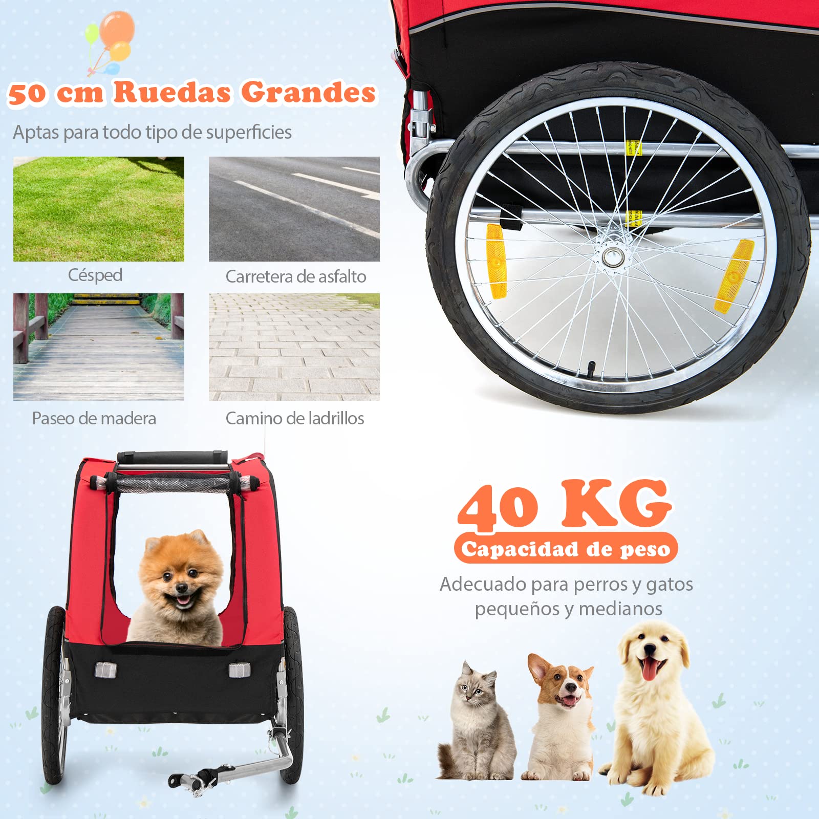 COSTWAY Remolque de Bicicleta para Mascotas, Remolque Bicicleta Perros Pequeños y Medianos con Ruedas, Transportador de 2 Puertas con Techo Solar, Capacidad 40 kg, 60,5 x 135 x 95 cm