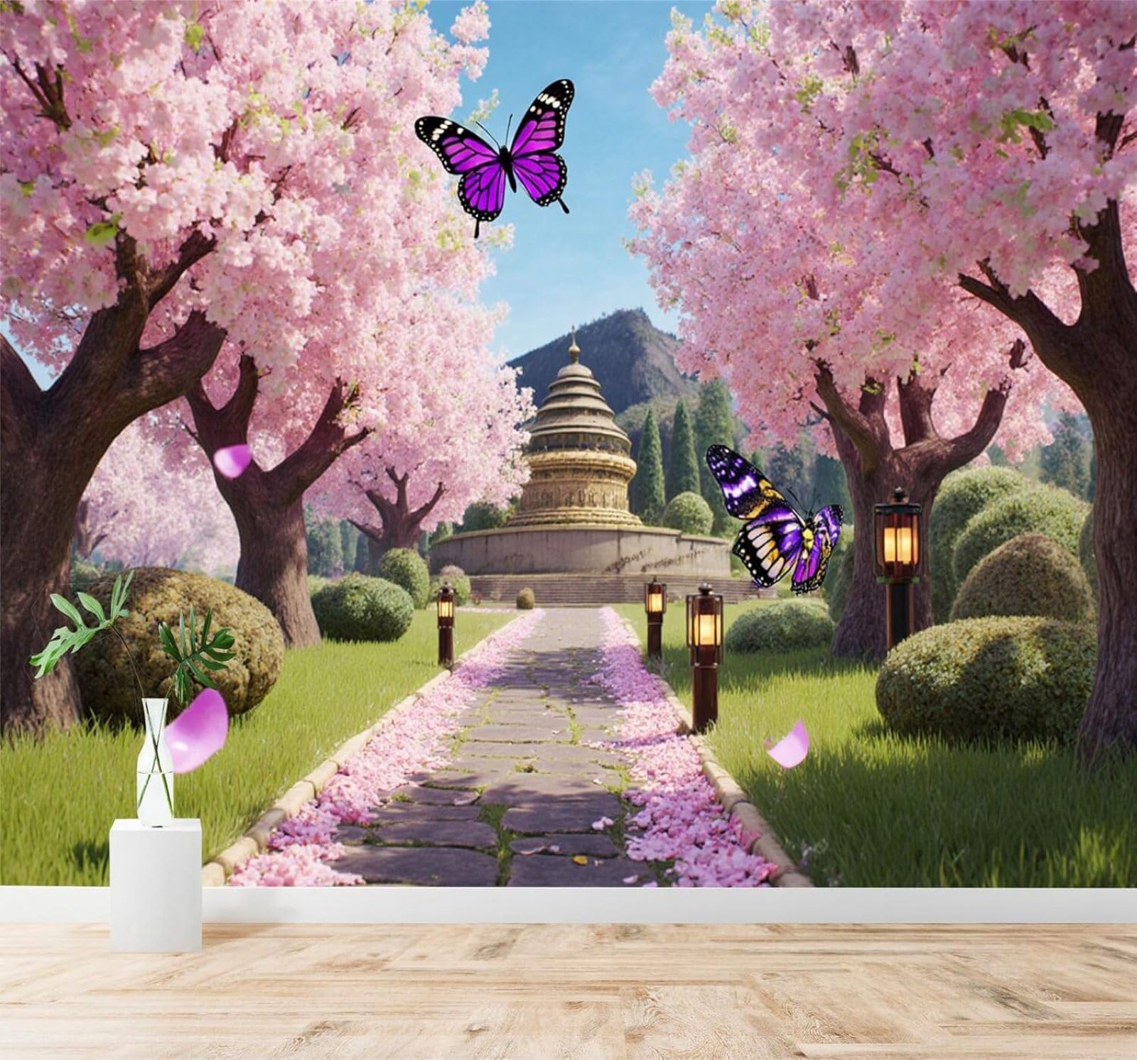 Xlming 300Cm×210Cm(B×H) Cherry Blossoms Garden Architecture Path Purple Butterfly 3D Wallpaper Silky Texture Home Study Office Grey Dining Room Sofa Bedroom Living Room Tv Backdrop-300Cm×210Cm