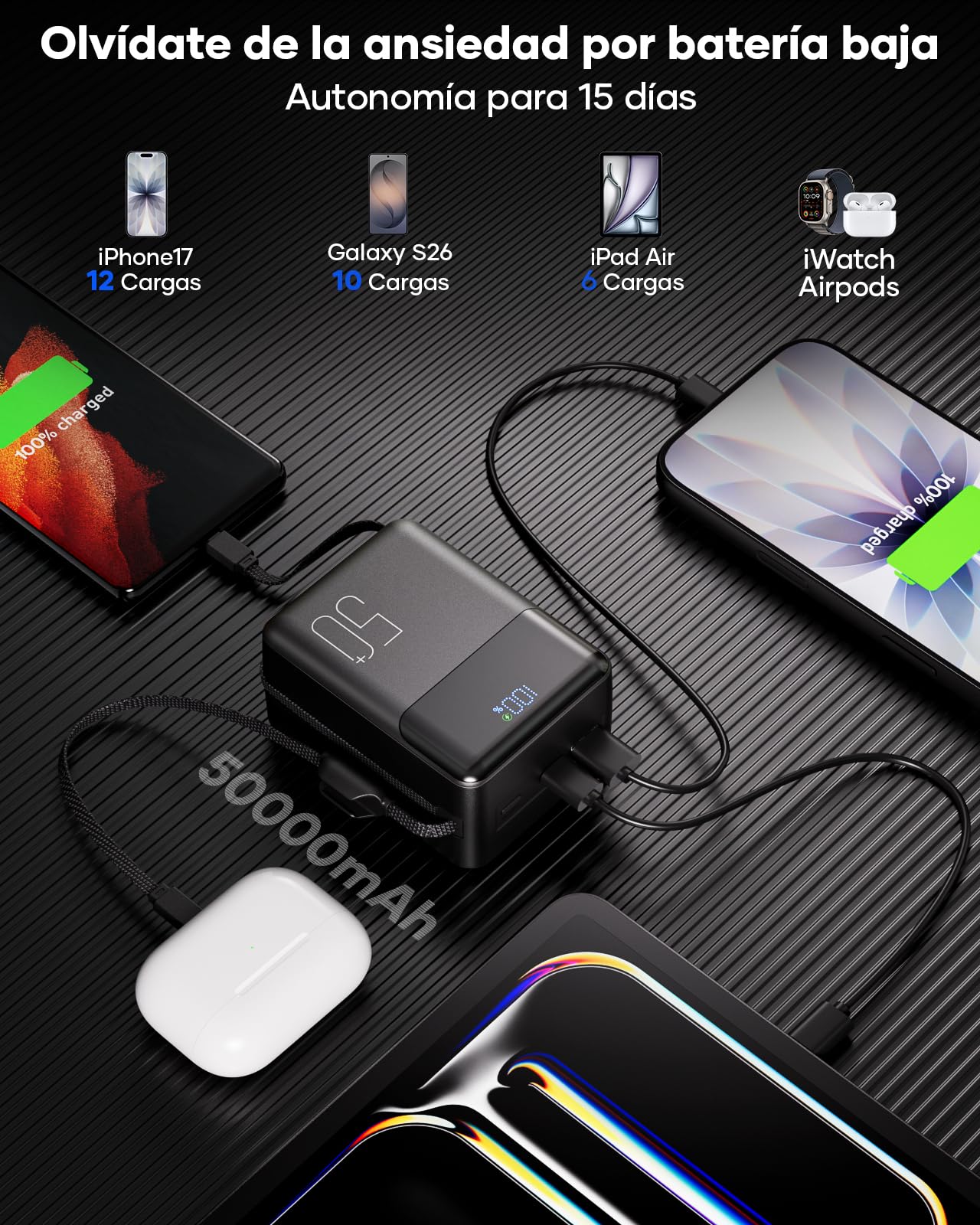PowerBank 50000mAh Cable Integrado: Batería Externa de Carga rápida de 22,5W ultracompacto y de Gran Capacidad, Cargador portátil con 4 Salidas y 1 entradas. MP3 con Cargador portátil
