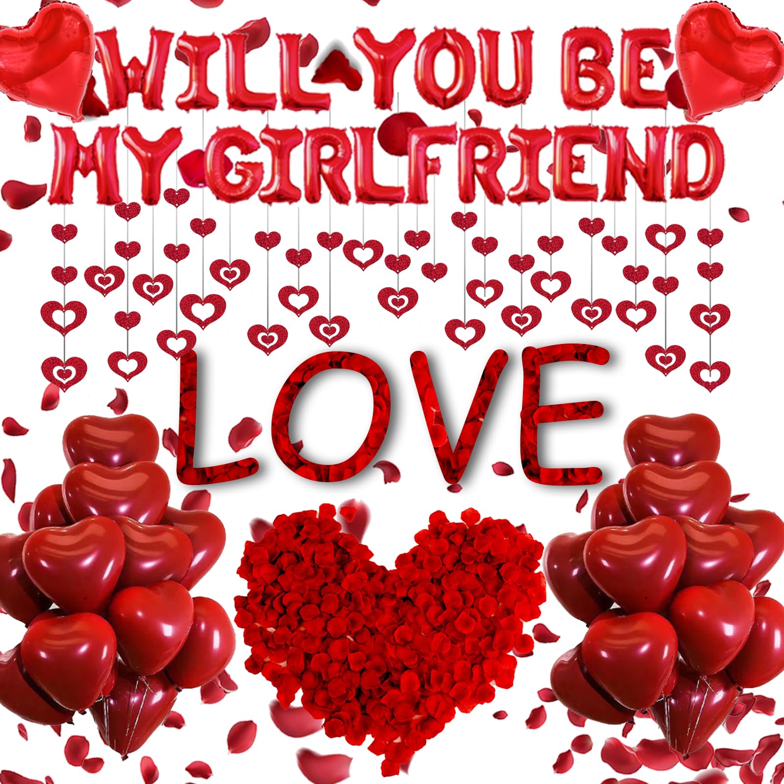 Will You Be My Girlfriend Balloons - 1135pcs Valentine'S Day Decorations, Love Heart Foil Latex Balloons for Confession Proposal Supplies, Glitter Heart Hanging Decor for Confession Proposal Supplies