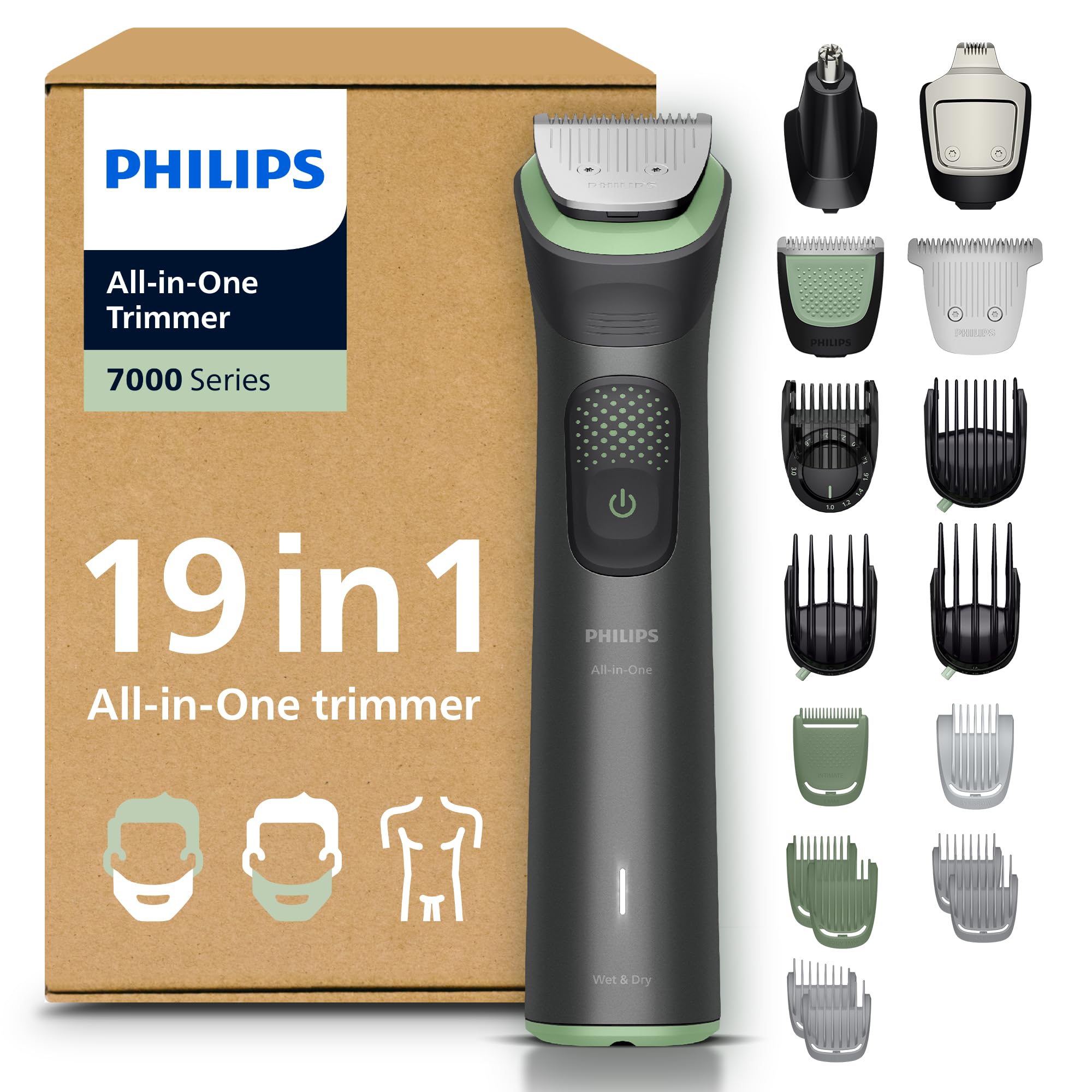 Philips Rifinitore All-in-one Multigroom Serie 7000 19 in 1 - Rifinitore per barba, capelli e corpo, lame autoaffilanti interamente in metallo, 26 impostazioni di lunghezza (0,5-20 mm), MG7962/30