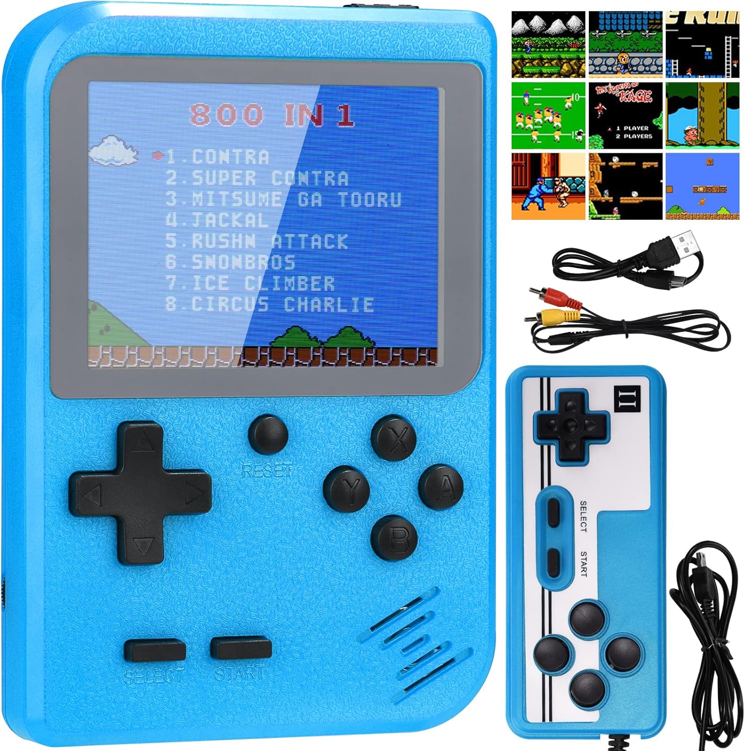 Consola de Juegos Portátil, 3 Pulgadas Game Boy con 800 Juegos Clásicos,Consola Retro para Niños y Adultos 2 Jugadores ,1020 mAh Batería Recargable, Soporte para la Conexión de TV (Azul)