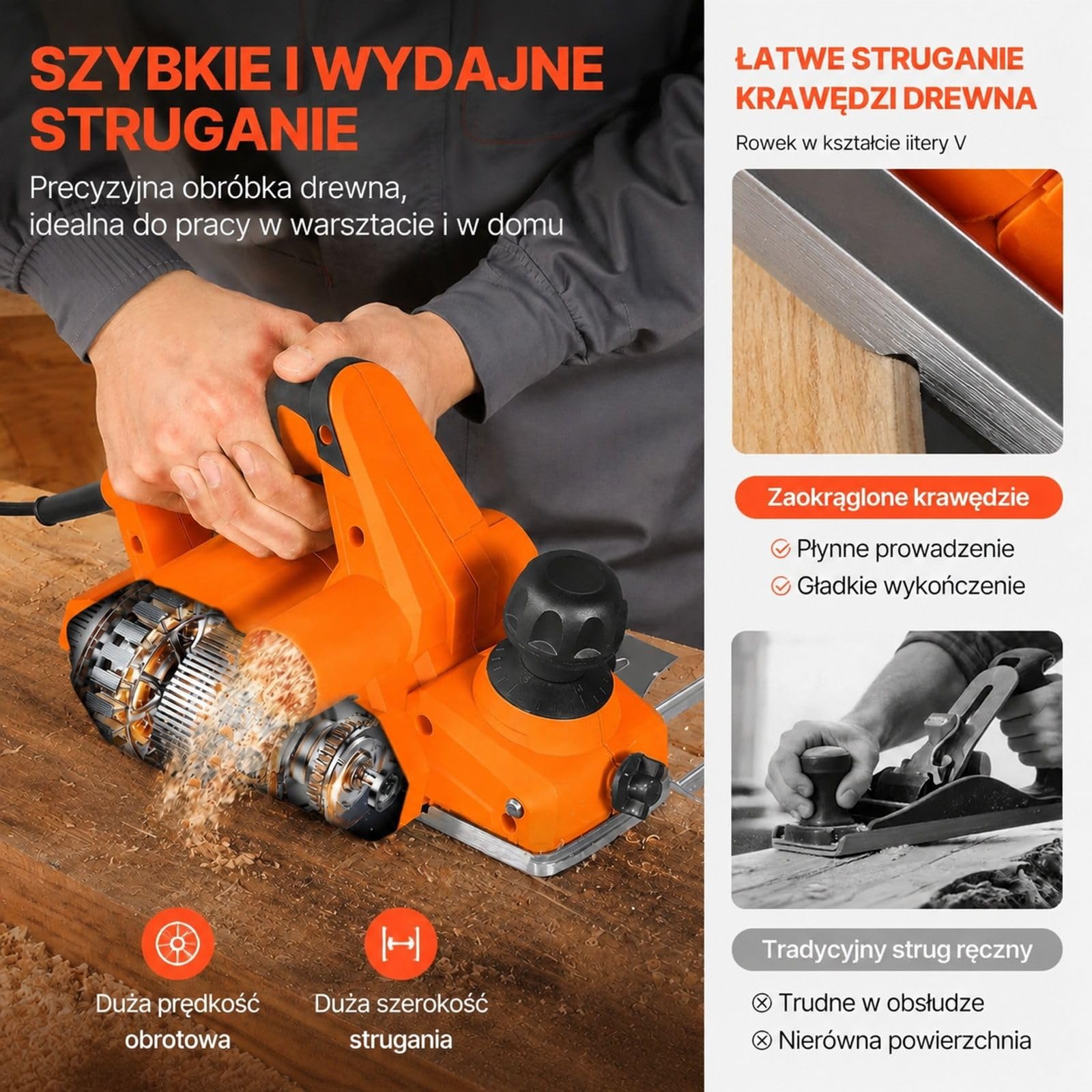 Strug elektryczny do drewna 650 W 16800 obr/min, regulowana głębokość, 2 ostrza, obróbka, fazowanie, projekty DIY