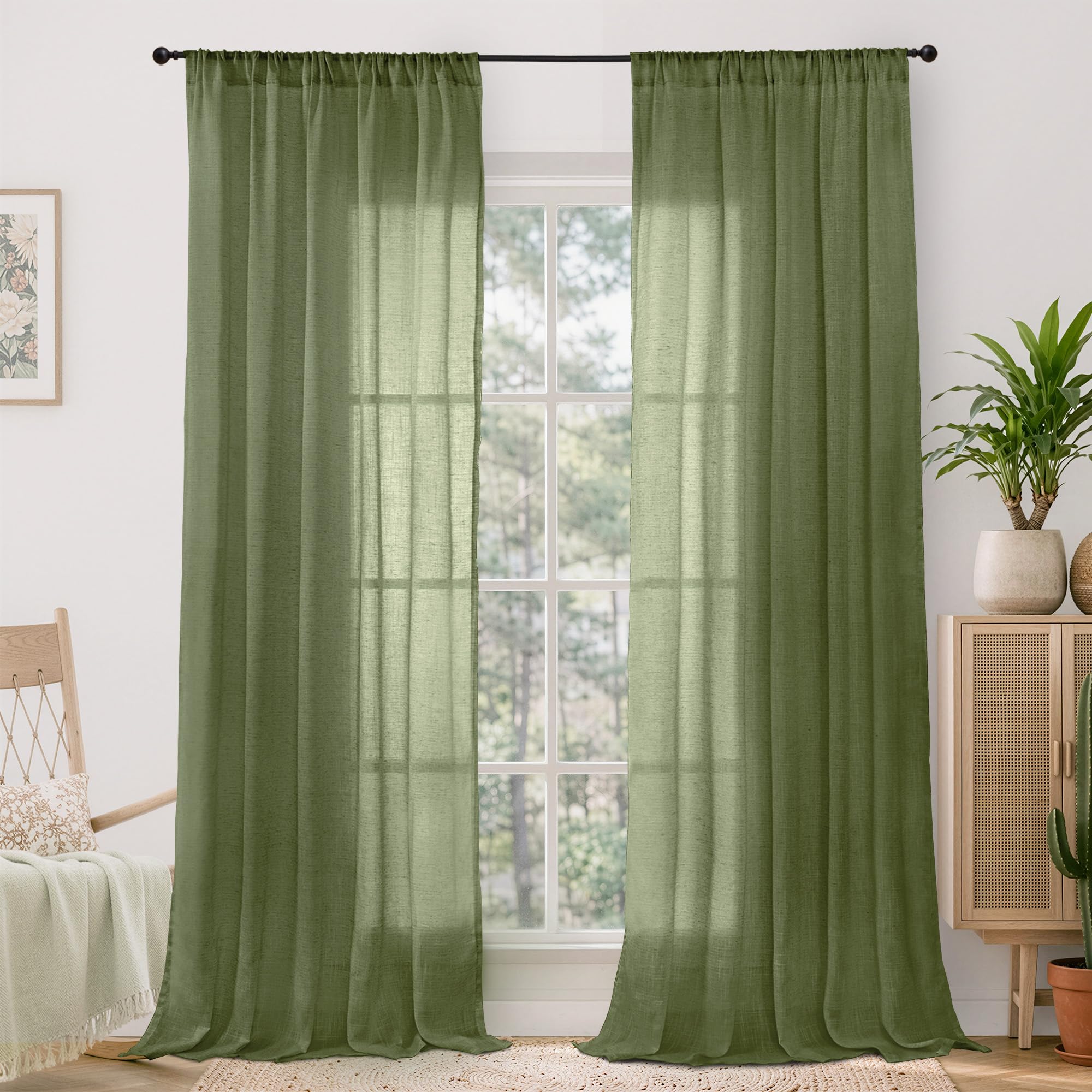 BGment 96 Inches Long Olive Green Linen Curtains for Living Room