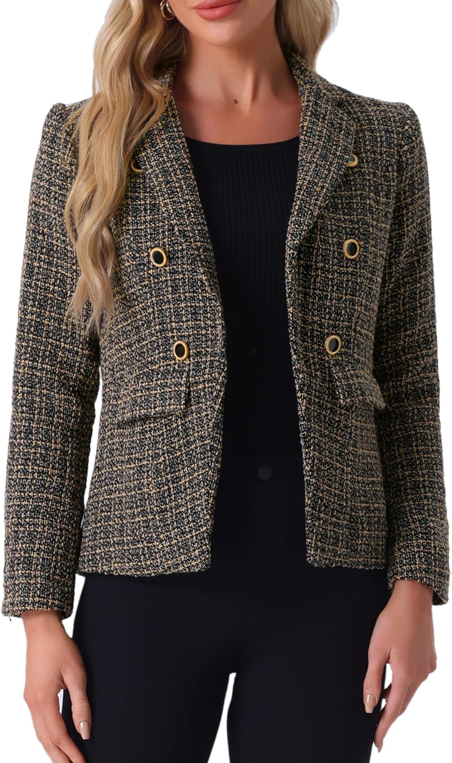 Allegra K Women's Tweed Jacket Plaid Blazer Long Sleeve Elegant Work Open Front Tweed Blazer Jackets