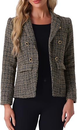 Allegra K Women Elegant Plaid Tweed Long Sleeve Work Blazer Jacket