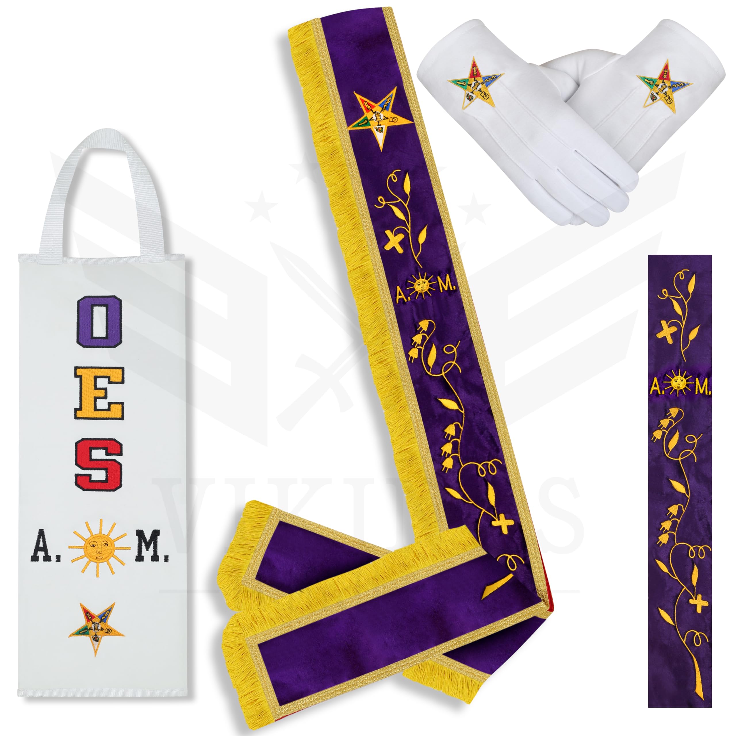 Masonic OES Associate Matron Sash with Cotton Gloves & Free Embroidered Leather Sash Case - Order of the Eastern Star AM Purple Velvet Sash with Gold