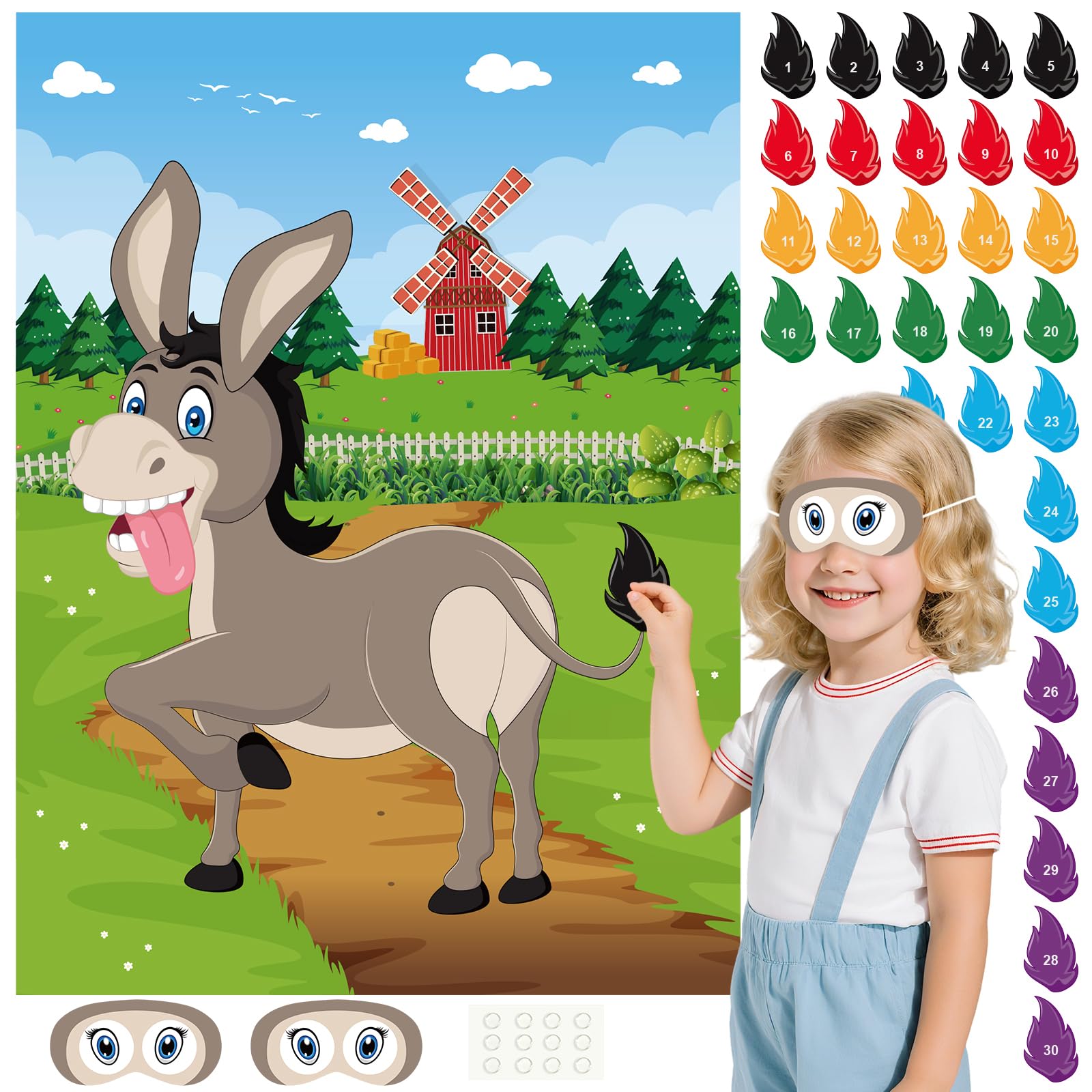 PLULON Pin the Tail on the Donkey Game for Kids with Tail Stickers, Donkey Poster Kids Pin Game Birthday Party Favors Gifts Carnival Home Wall Decorations Classroom Family Activities