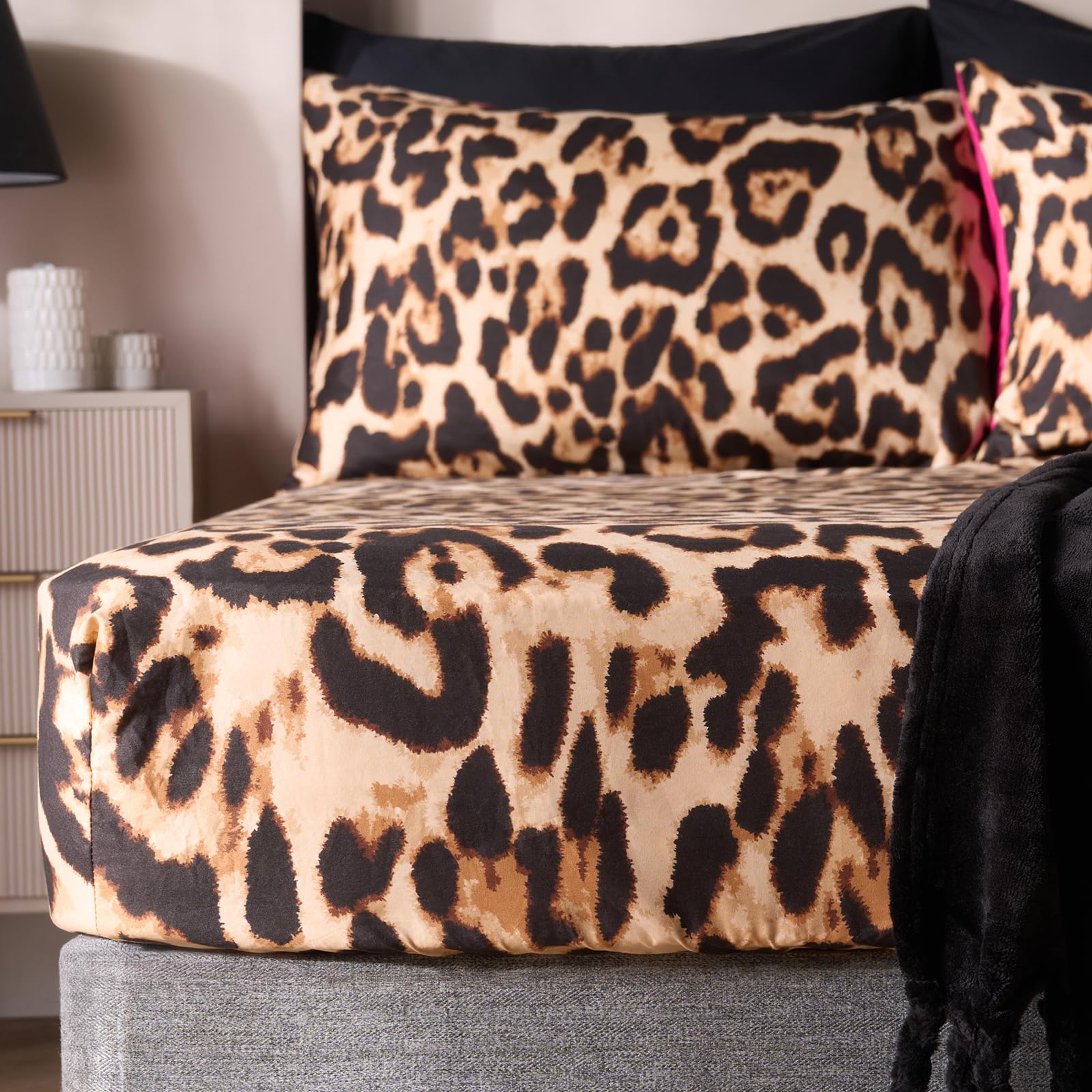 Ohs Leopard Print Microfibre Easy Care 25Cm Deep Fitted Bed SheetNaturalKing from B&Q