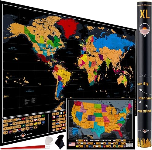 Miniatura 7 de Mapa del mundo XL para raspar con las 233 banderas + mapa de lujo para raspar de EE. UU.  36 x 24 pulgadas fácil de enmarcar mapa de viaje  Mapa del