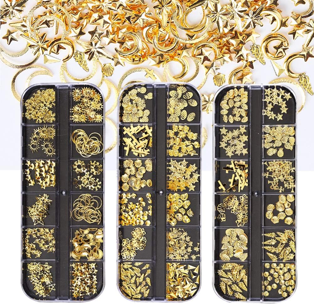 EBANKU 3 Boxes Nail Art Rhinestones Shiny Gold Metal for Nails Art Decoration