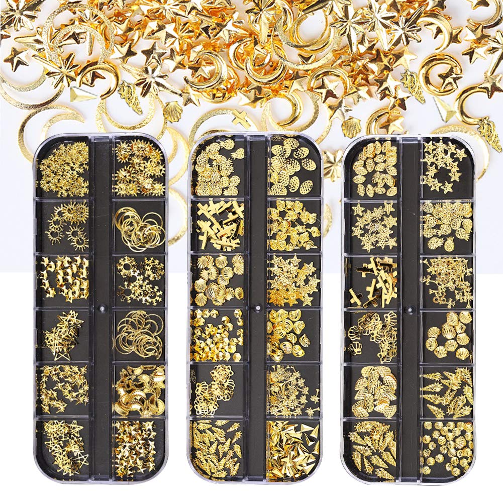 EBANKU 3 Boxes Nail Art Rhinestones Shiny Gold Metal for Nails Art Decoration