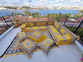 Floor Cushions, L Shaped Sectional Sofas, Mustard Yellow Arabic Sofa Set, Pallet Sofa, Arabic Majlis, Pouffs, Turkish Floor Seating Set (L Sofas + Rug + Ottoman)