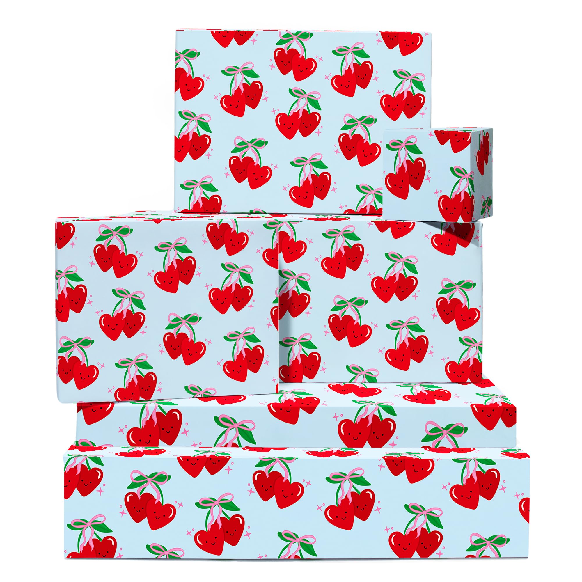 Cherry Wrapping Paper - 6 Sheets Of Gift Wrap - Red Cherries With Coquette Bows - Girls Wrapping Paper For Birthday Valentine's Day Anniversary - Recyclable - By Central 23