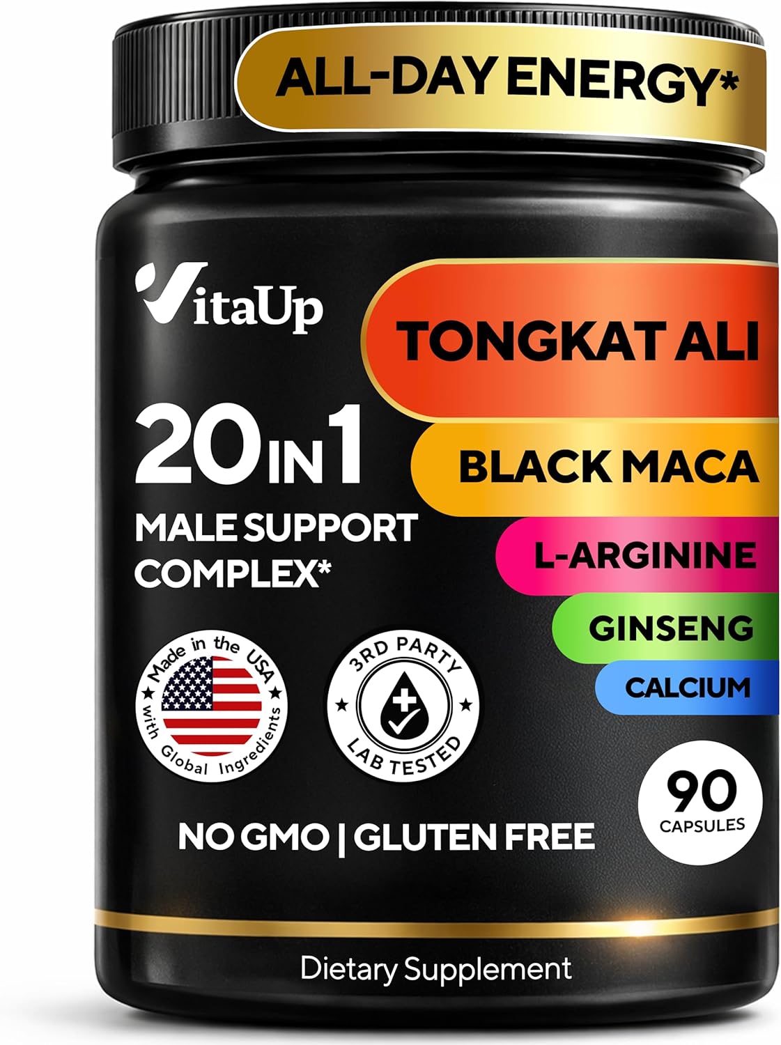 Tongkat Ali for Men 20 in 1 with Astragalus – Normal Strength & Endurance Support – USA Made Mens Supplement Complex with Black Maca Root, L-Arginine, Ginseng, Calcium, Astragalus – 90 Caps