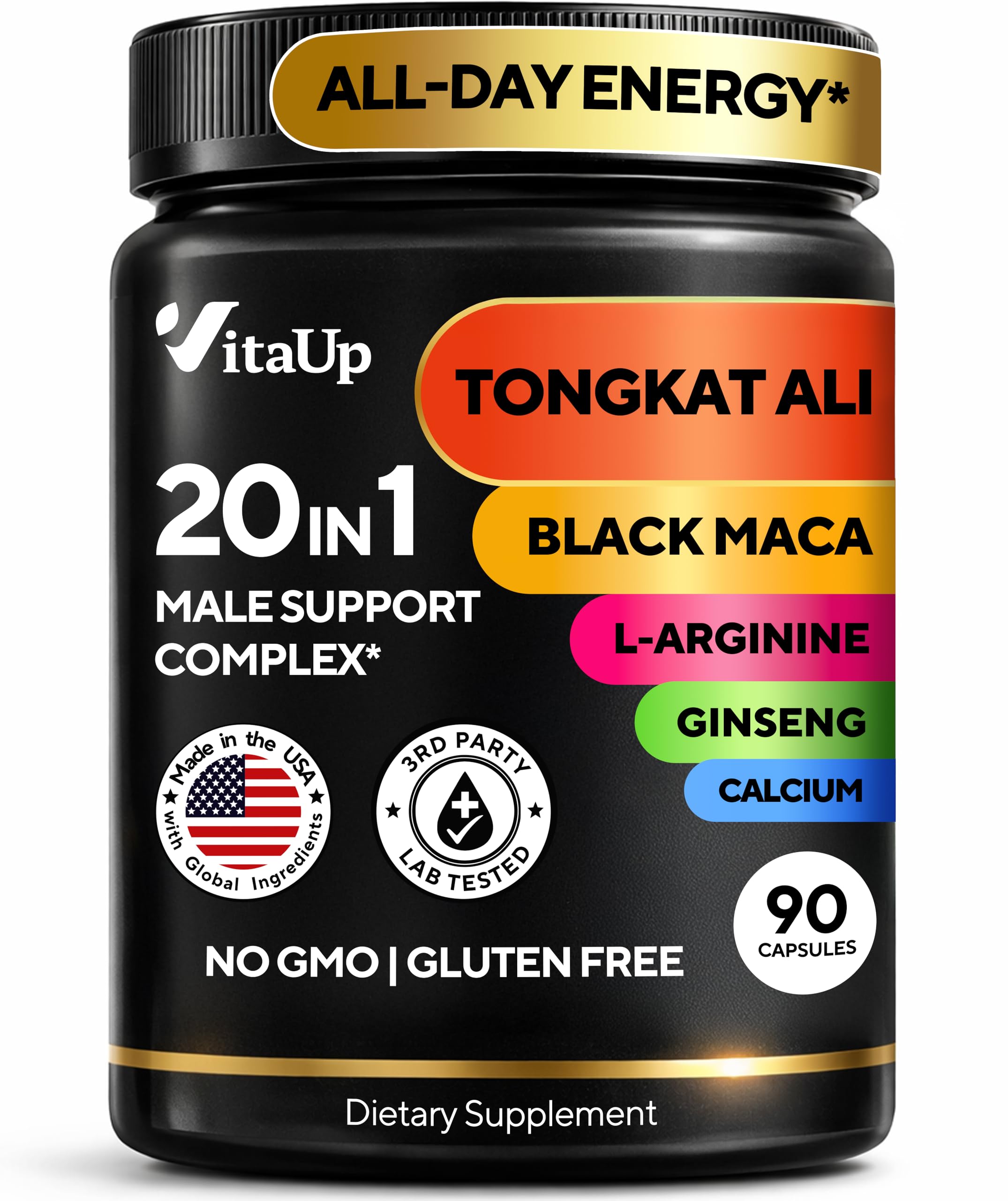 VitaUp Tongkat Ali for Men 20 in 1 with Astragalus - USA Made Mens Supplement Complex with Black Maca Root, L-Arginine, Ginseng, Calcium, Astragalus for Normal Strength & Endurance Support - 90 Caps