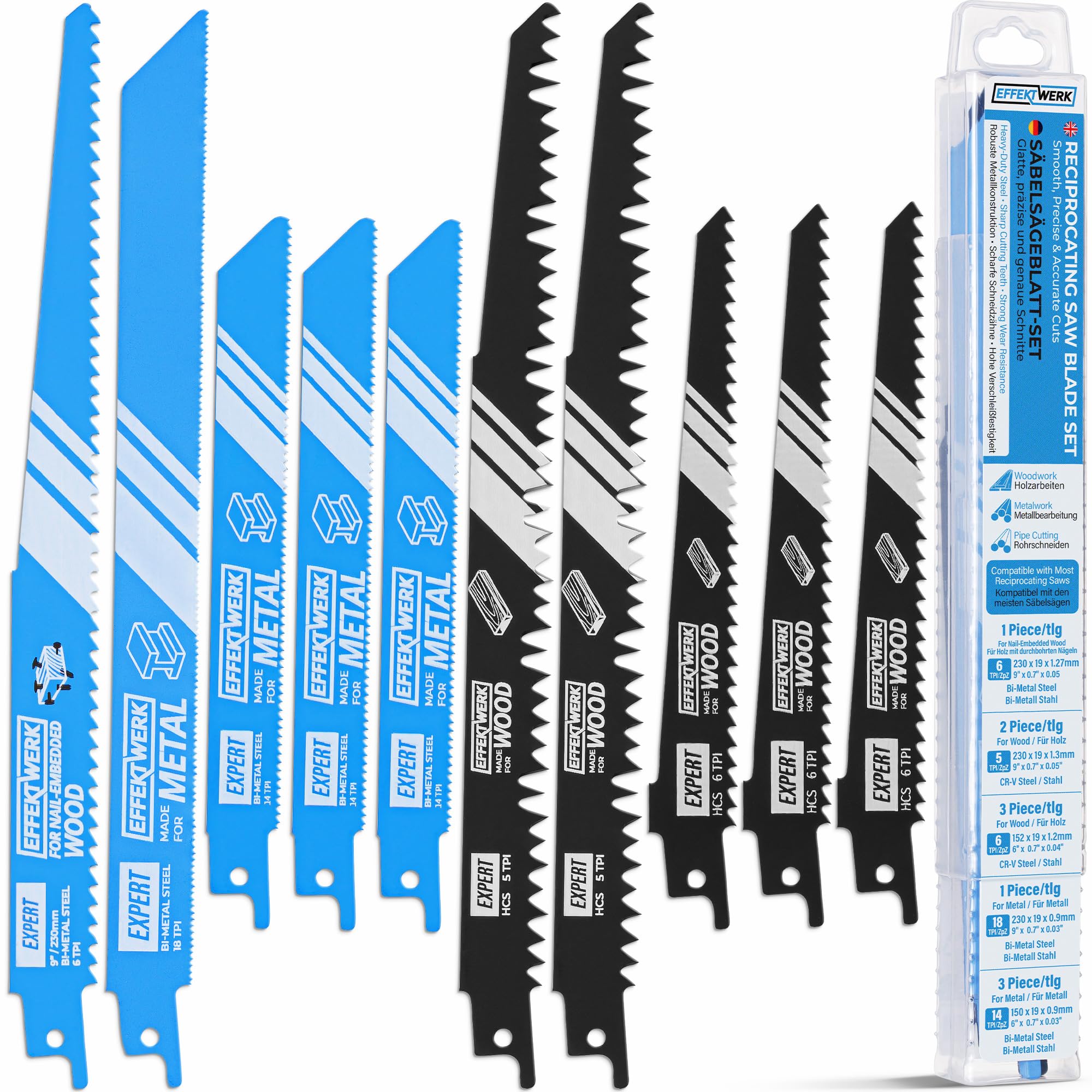 EffektWerk - Reciprocating Saw Blade Set - 10 Pieces - Heavy-Duty HCS Steel Sabre Saw Blades for Wood, Metal & Plastic - 5/6/14/18 TPI