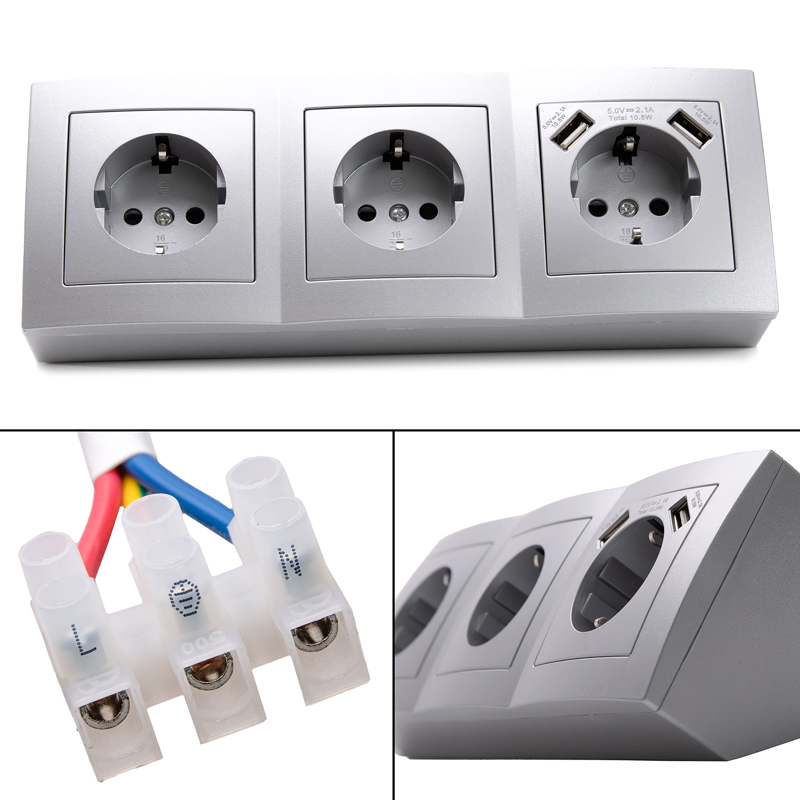 Prise D'angle Schuko à Montage En Saillie, Pour Cuisine, Bureau, Atelier Multiprise Idéale Pour Plan De Travail De Cuisine, Prise Encastrable Ou Prise Encastrée – Sans Câble (2 Schuko, USB A