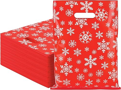 MIMIND 150 bolsas de plástico para mercancías de invierno de copos de nieve de 12 x 15 pulgadas, bolsas de regalo reutilizables con asas, bolsas de