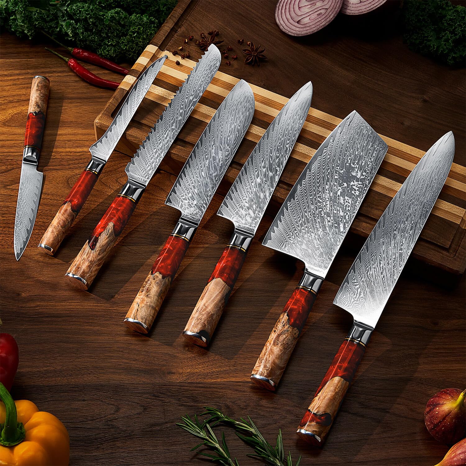 SENKEN 7-Piece Damascus Kitchen Knife Set - Tsunami Collection - 67-Layer Japanese VG10 Steel - Chef's Knife, Cleaver, Santoku, Bread, Boning, & More (Red Resin Blend) — Amazon image 2