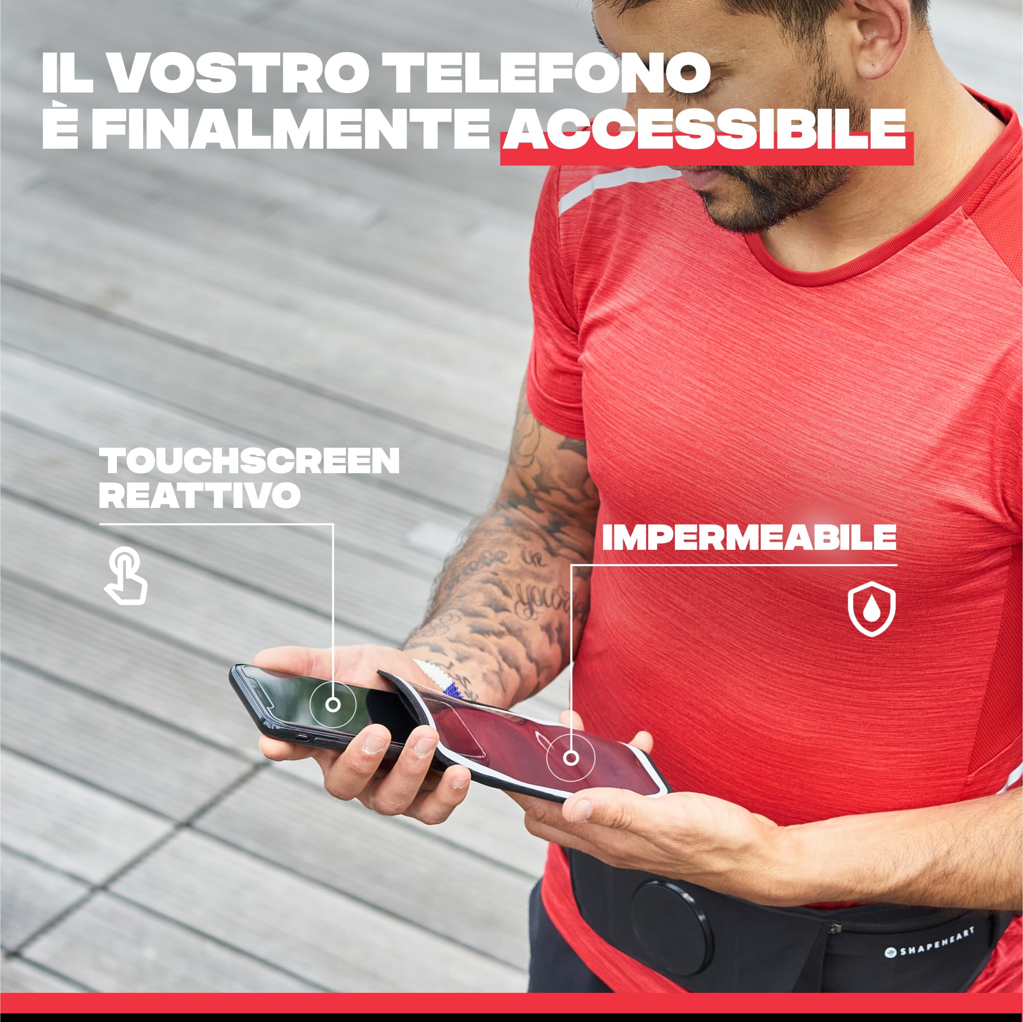 SHAPEHEART Innovazione francese, Cintura magnetica sportiva per telefono , Supporto cellulare Impermeabile con tasca magnetica | Per ogni Telefono | Sistema anti-risalita | 3 tasche | Touchscreen | Aggancio e sgancio rapido | Regolabile | Unisex