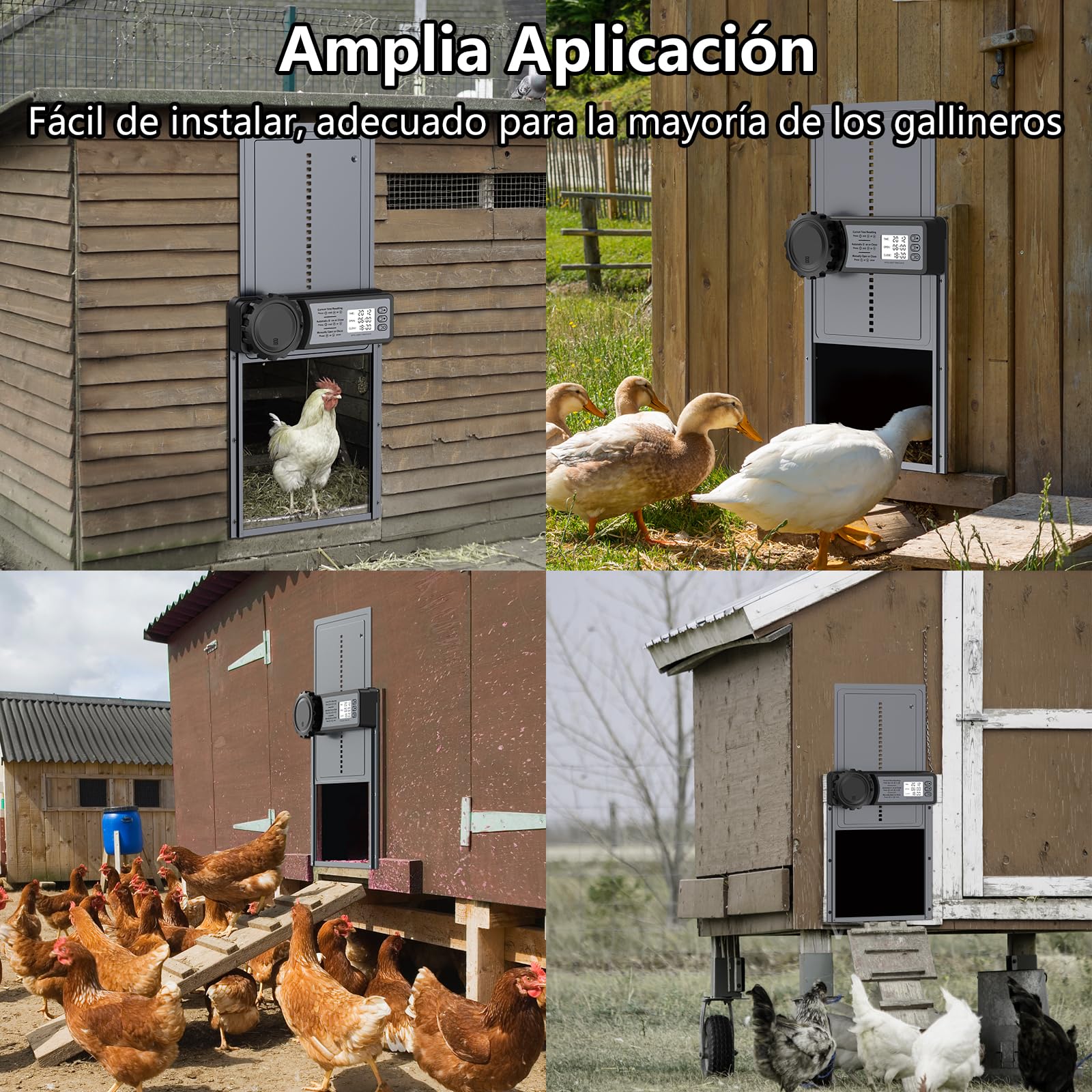 CHAMUTY Puerta Gallinero Automatica con Pantalla LCD Grande, Puerta Automatica Gallinero Aleación de Aluminio con Temporizador, Manual, Anti-atrapamiento, Puertas Automaticas para Gallinero Batería
