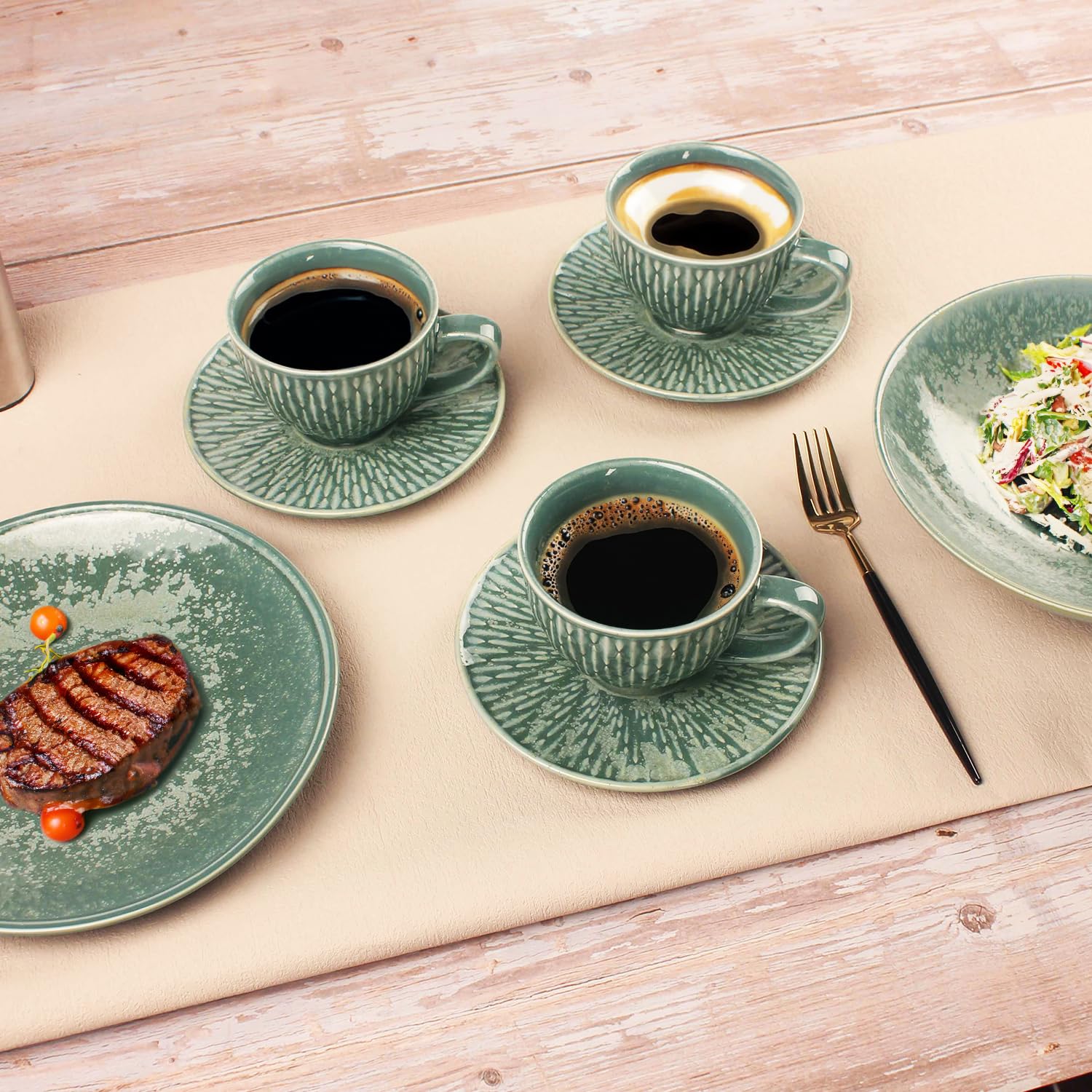 Set di tazze da caffè in ceramica con piattino, 8 pezzi, impilabili, per latte, tè caldo, cappuccino, moka, cacao, lavastoviglie e microonde, verde scuro
