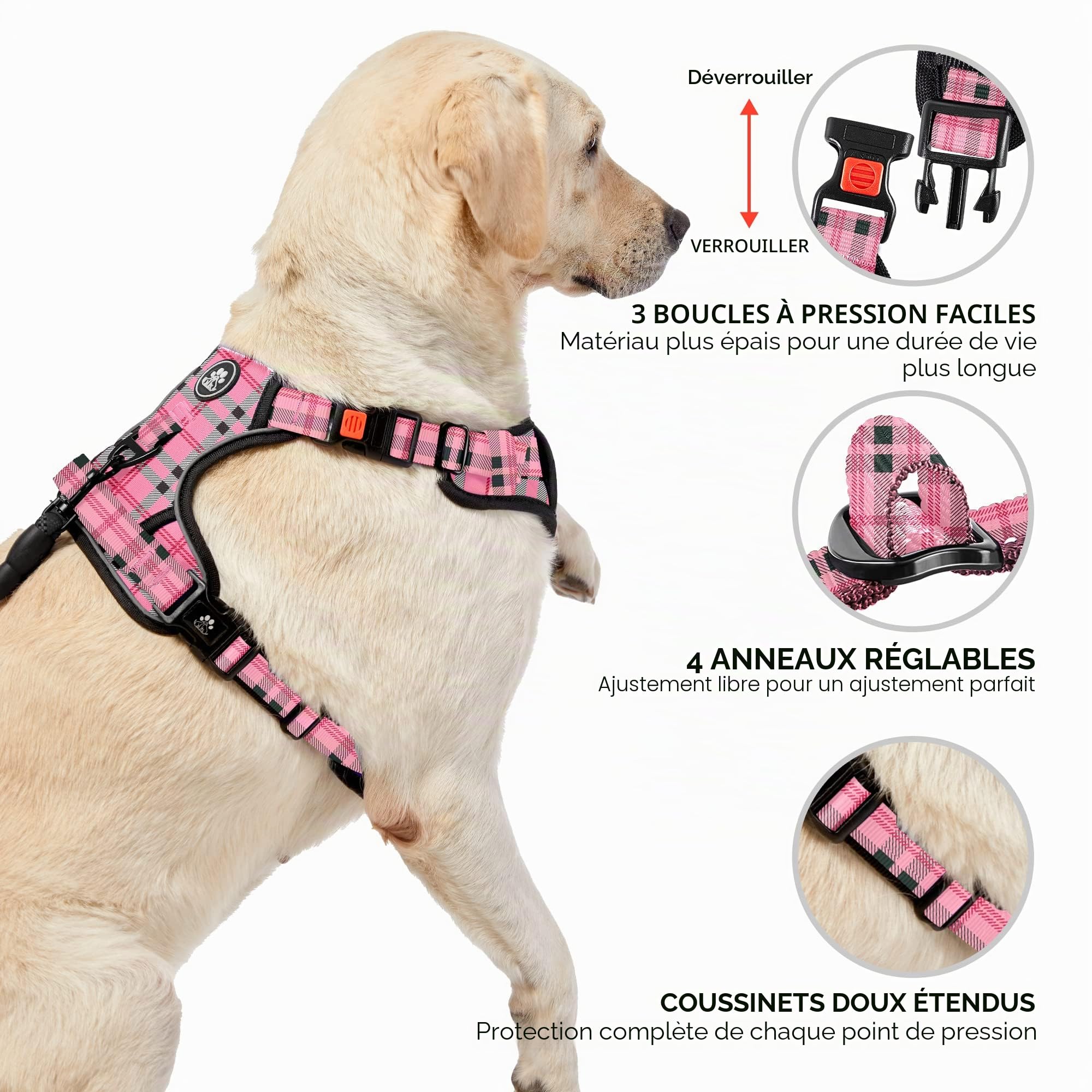 NESTROAD Colliers, Harnais Veste et Laisses Anti Traction pour Chiens Moyen, Couleur Rose Plaid Taille M Arnet pour Chien Le Cou 33~43CM Poitrine 43~64CM, Harnais Chien Voiture, Accessoire Chien