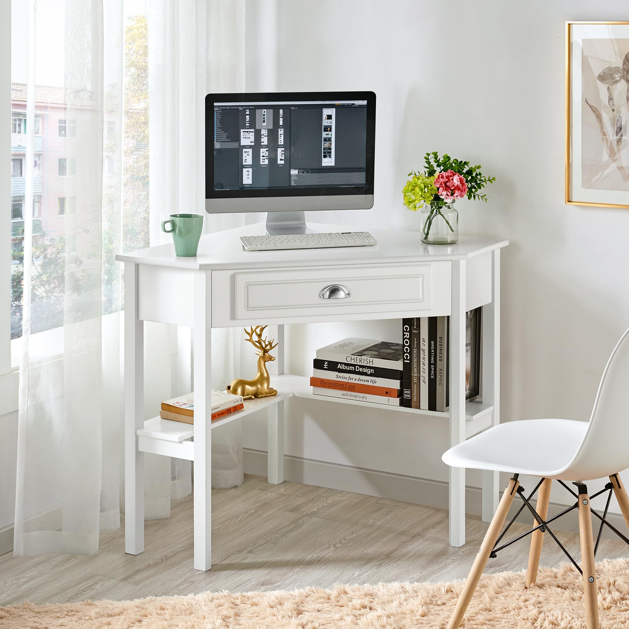 Yaheetech Scrivania Angolare per Computer Desktop Computer in Legno con Cassetto e Ripiano Portaoggetti per Postazione di Lavoro Elegante 106 × 71,5 × 76,5 cm Bianco