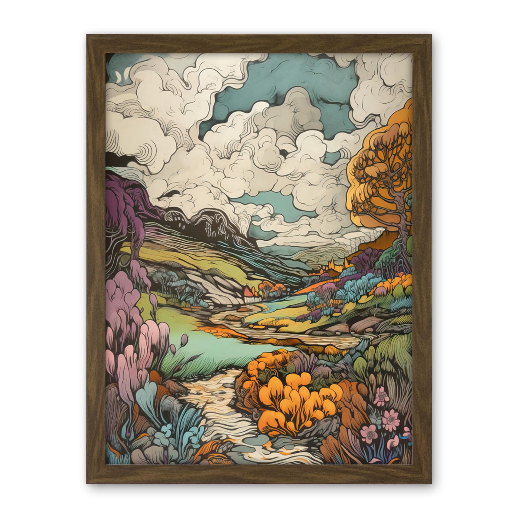 Artery8 Meadow River Multicoloured Landscape Illustration Artwork Framed Wall Art Print 18X24 Inch