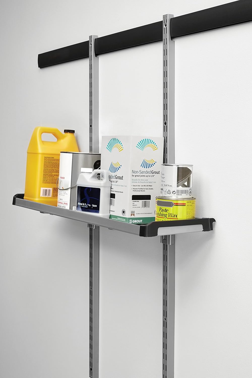 Promo 40% OFF Rubbermaid FastTrack Rail Large Shelf Organization System, Holds up to 50 Pounds, Ideal for Cleaning Products, Garden Supplies, Laundry Products