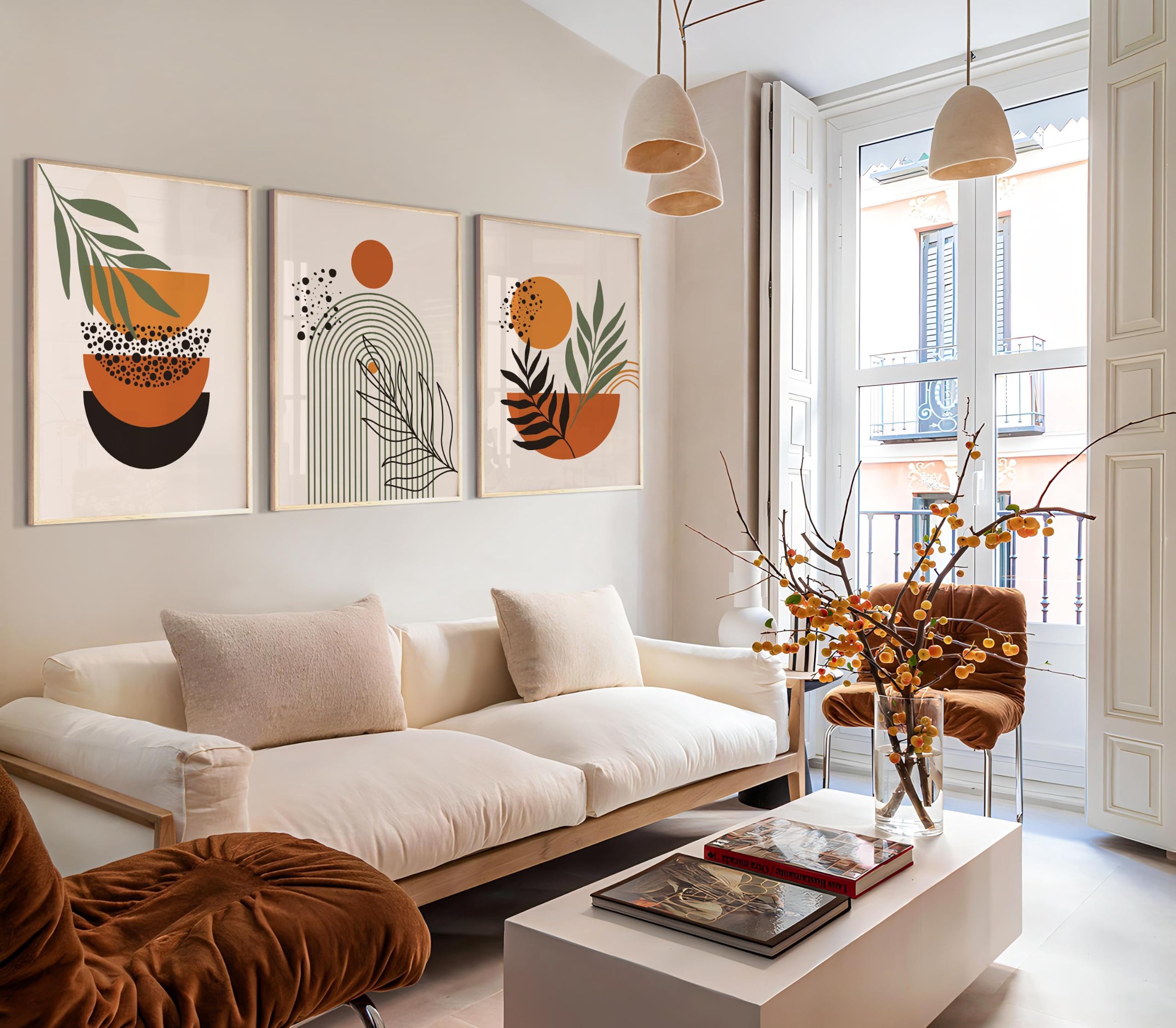 ZBELLO Boho Wall Art Set of 3, Abstract Wall Prints with Orange Green Earth Tone Colours, Modern Minimalist Artwork for Living Room Bedroom Home Decor, Unframed (30×40cm)