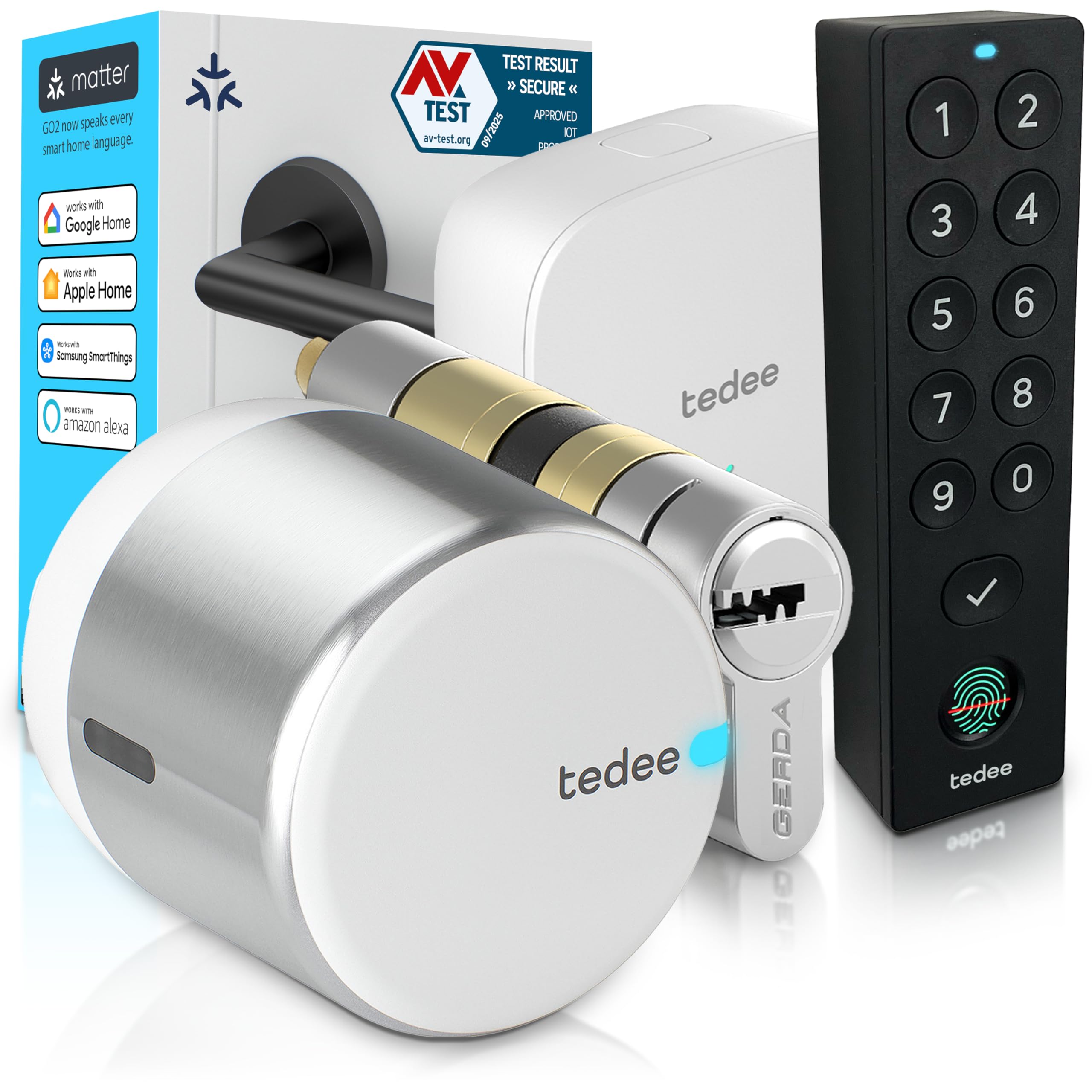 Tedee GO2 Alu Serrure Intelligente Connectée avec Bridge WiFi, Keypad PRO et Cylindre Gerda EXXO Smart Classe 6 Compatible Matter