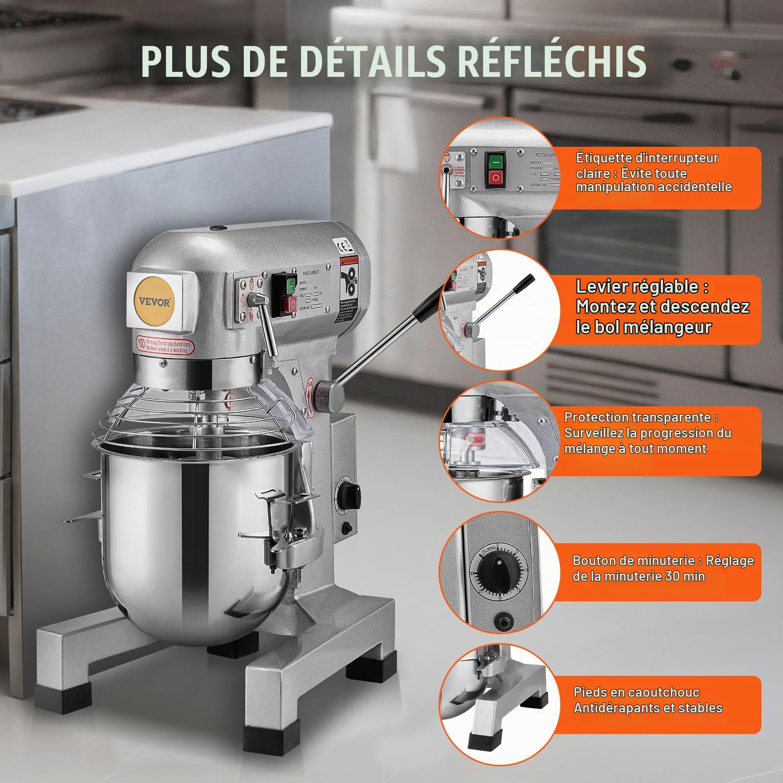 VEVOR Robot Pâtissier Commercial 18,7 L, Batteur Mélangeur avec 3 Vitesses Réglables, Mixeur à Pâte 1100 W, avec Bol en Inox et 3 Accessoires de Mélange, pour Restaurant, Boulangerie, Pâtisserie