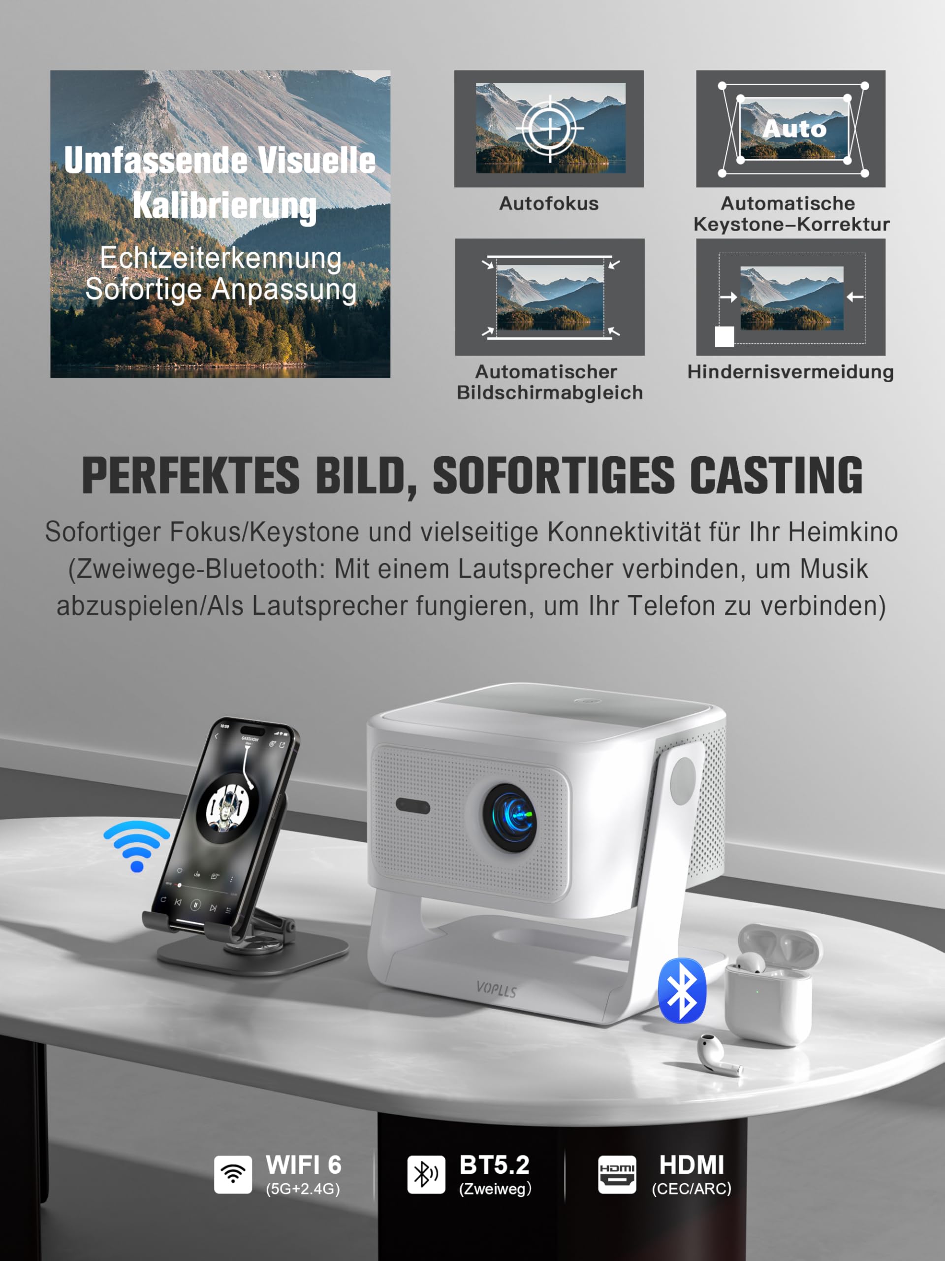 VOPLLS Beamer 4K Heimkino 1200ANSI Autofokus Trapezkorrektur WiFi6 Bluetooth Dolby Audio HDR10+ Projektor