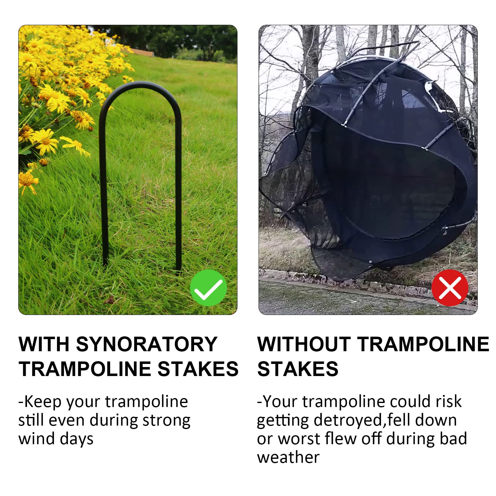 synoratory Trampolines Wind Stakes Heavy Duty U Type Sharp Ends Safety Ground Anchor Galvanized Steel for Soccer Goals, Camping Tents and Huge Garden Decoration (Black 8pcs) in use