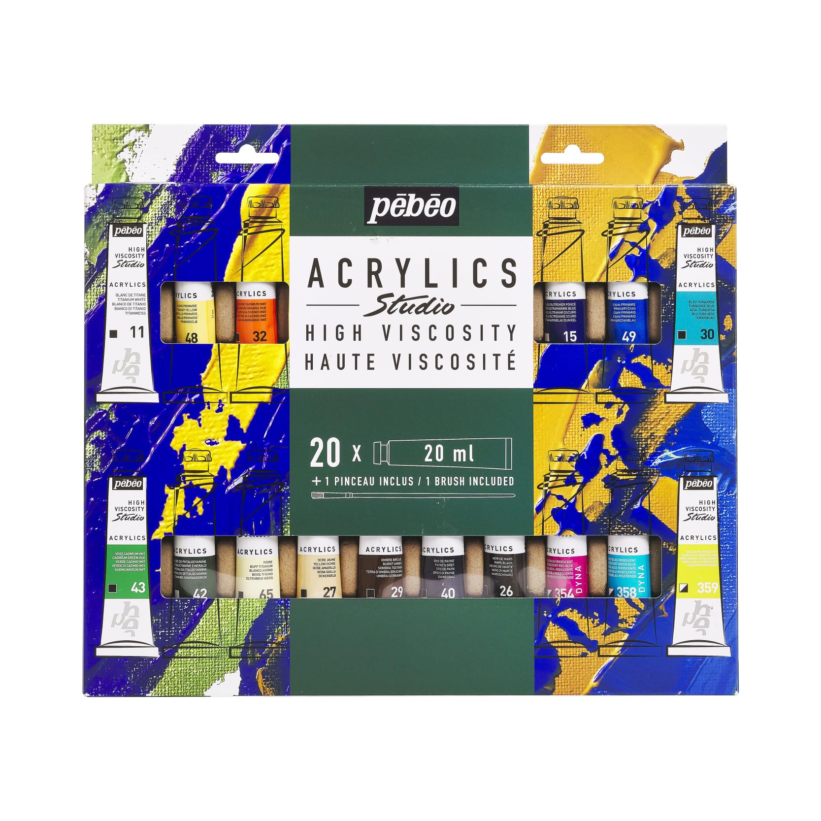 Pébéo Studio Acrylics - Kit di Pittura Acrilica - 20 Tubetti da 20 ml + Pennello - Colori Assortiti - Ideale per Artisti e Principianti