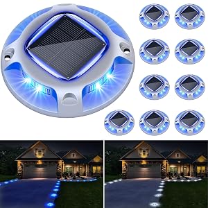 Solar Driveway Lights - 10 Pack IP68 Waterproof 2 Color Modes Blue White for Step Sidewalk Pathway Patio