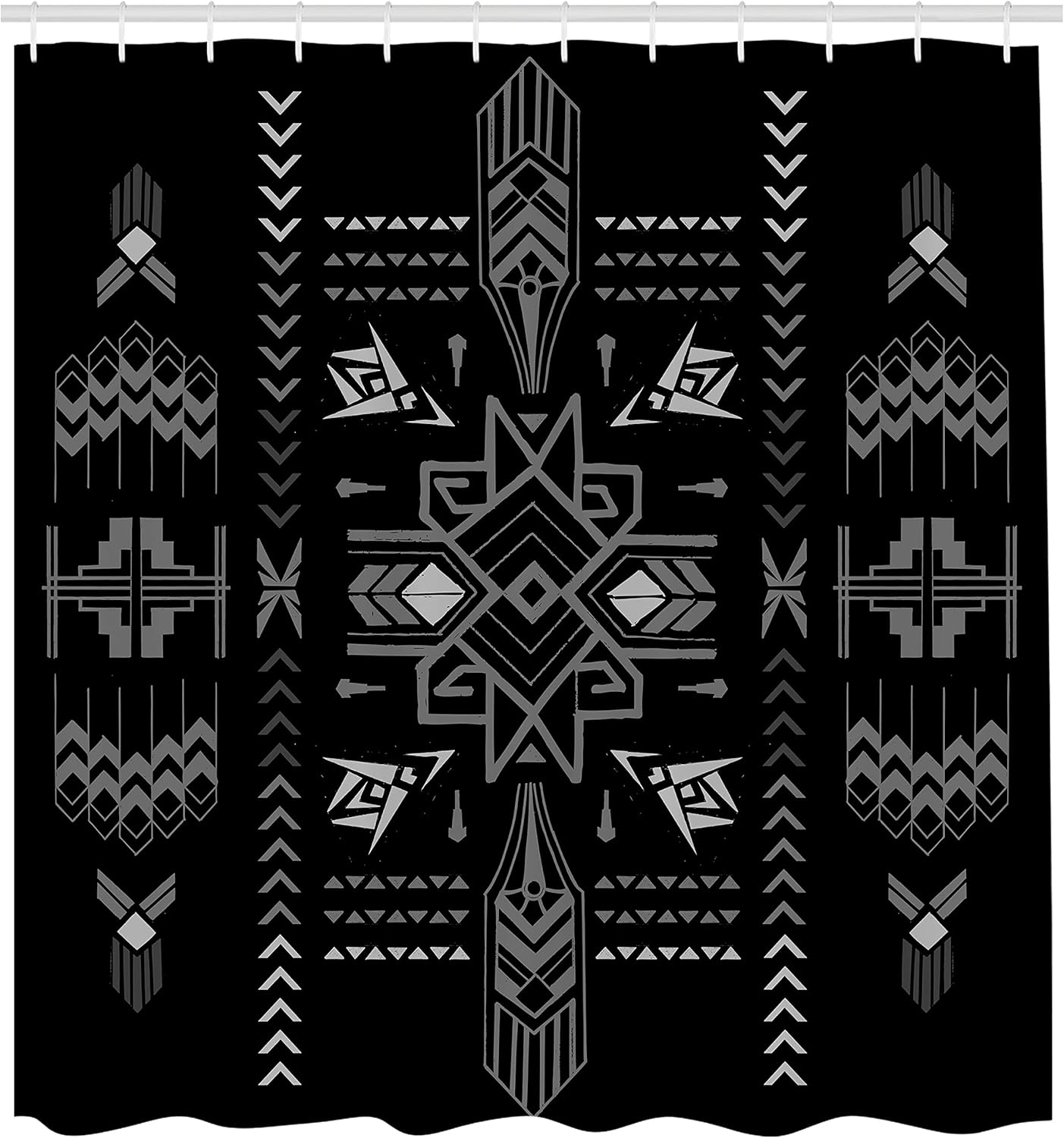 Ambesonne Geometric Shower Curtain, Tribal Hand Drawn Vintage Aztec Background in Vector Illustration Print, Cloth Fabric Bathroom Decor Set with Hooks, 69" W x 70" L, Dark Black
