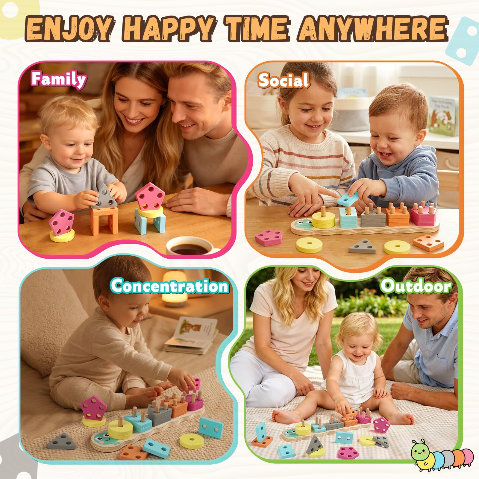 Rtomry Montessori Spielzeug ab 1 Jahr - Holzspielzeug ab 1 Jahr Steckspiel & Motorikspielzeug für Baby & Kinder - Pädagogisches Lernspielzeug & Geschenk 1. Geburtstag Junge Mädchen(Caterpillar Design) - 5