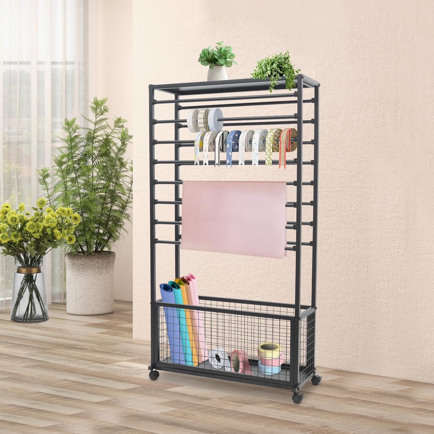 59in H Ribbon Holder Organizer Rack, 16 Tier Ribbon Display Stand With Wheels+Mesh Storage Basket, Multifunctional Ribbon Storage Holder, Open Architecture For Florists, Dye Shops, Households. (Black)