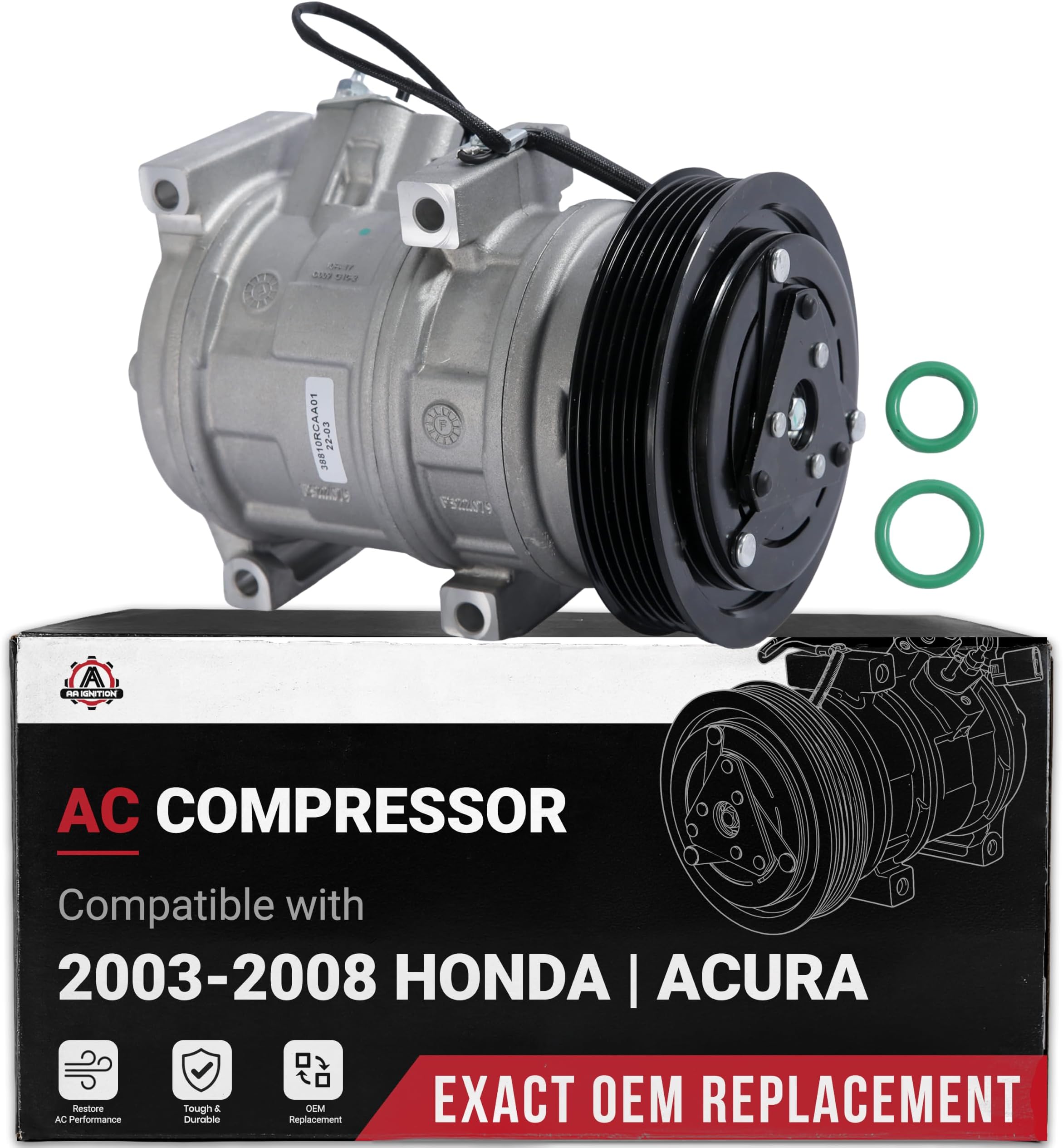 A/C Compressor with Clutch - Compatible with Acura, Honda - MDX, TL, Accord, Odyssey, Pilot, Ridgeline - Car AC Compressor - AC Compressor Kit - Replaces 38810RCAA01, 10736C - 2003-2008