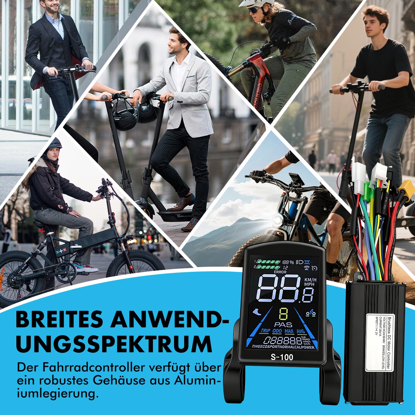 Elektrofahrrad Brushless Motor Controller Kit, 36V 48V 500W 750W 26A, 3 Betriebsmodi Sinuswelle Motorsteuerung Controller mit S100 LCD Display für E-Bike