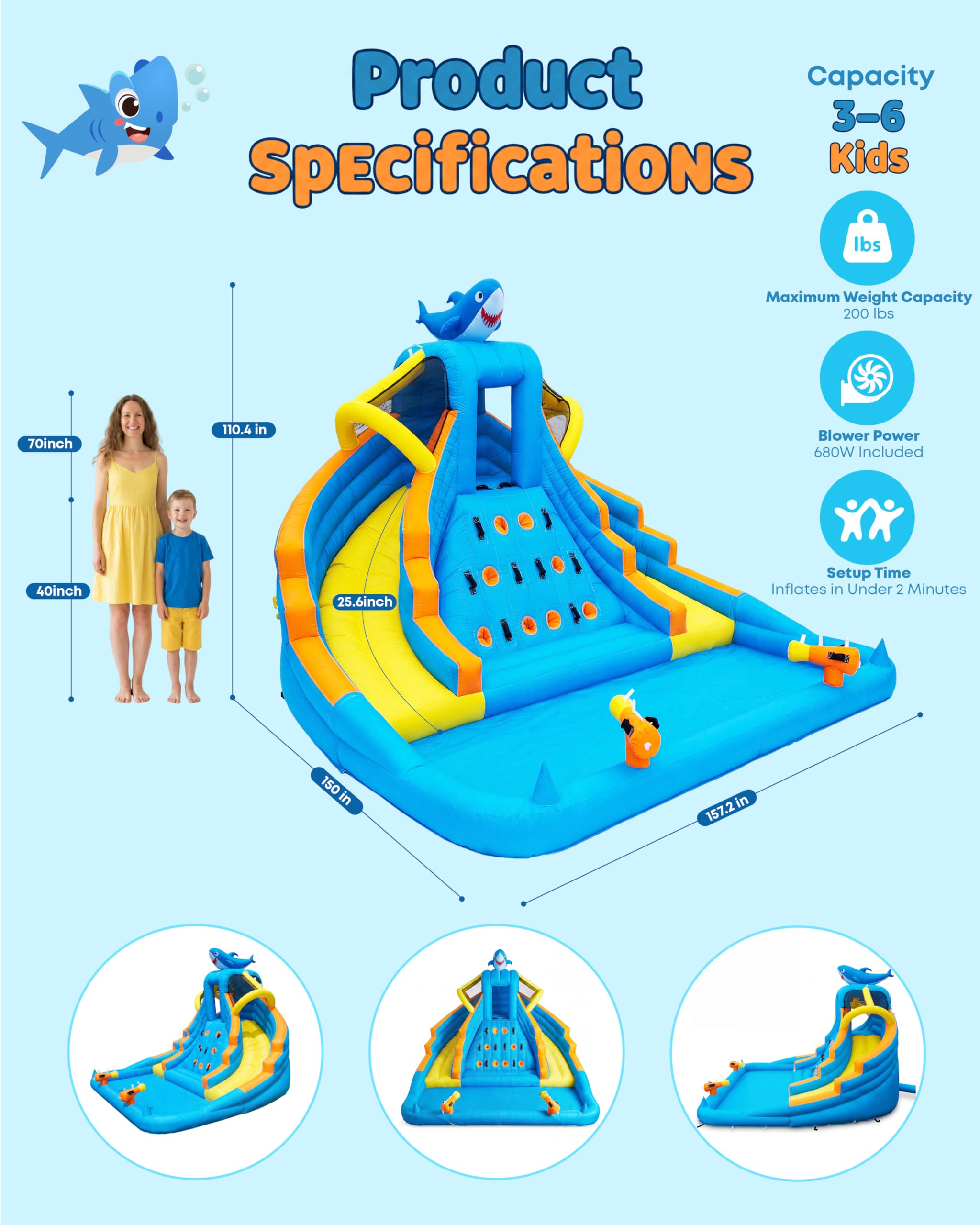 Parque acuático inflable para niños, tobogán de doble carril al aire libre de 4 m con piscina de salpicaduras, pared de escalada, cañones de agua y soplador de 680 W, juego en el patio trasero para