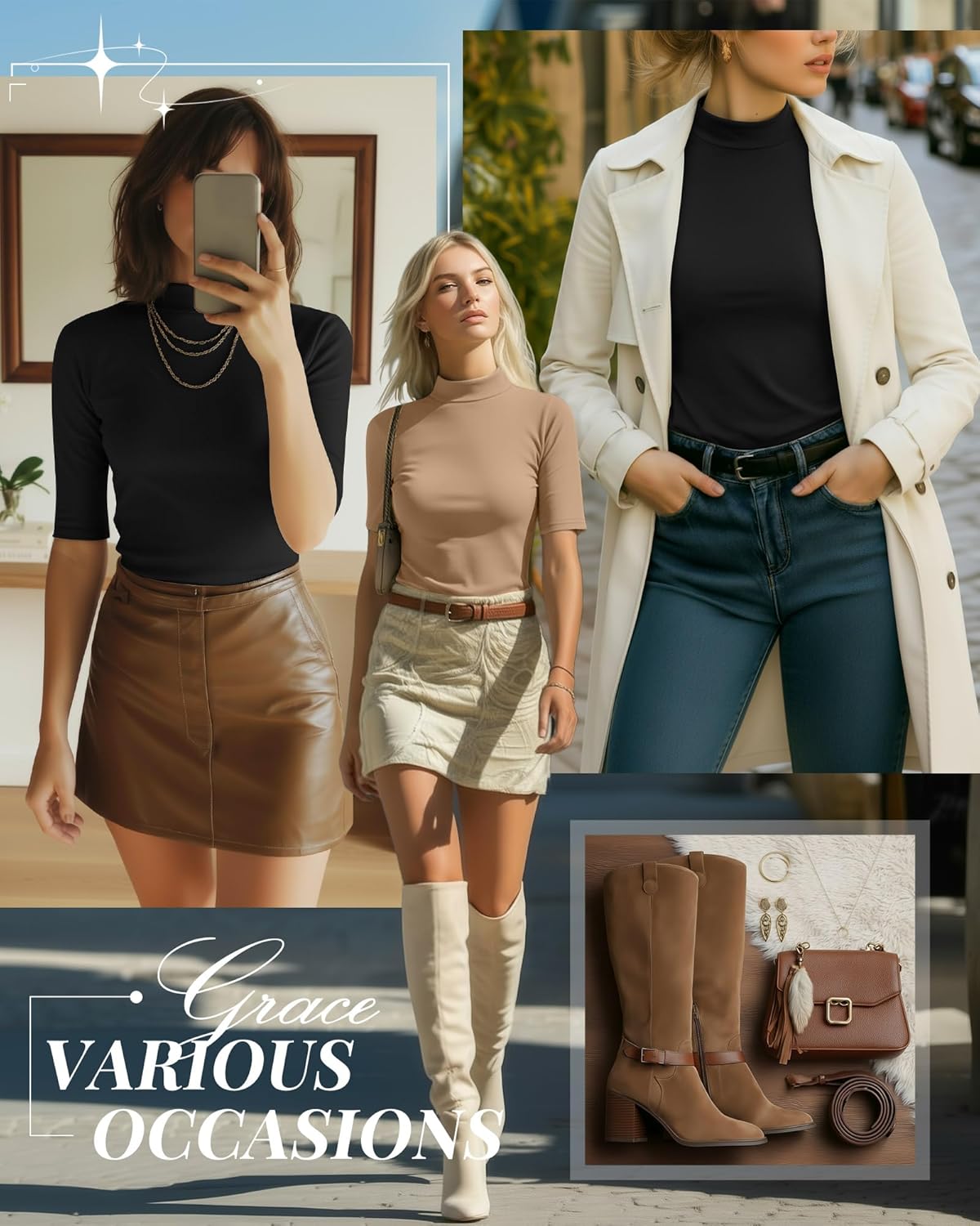 Ficerd 2 Pack Women's Mock Turtleneck T Shirts, Half Sleeve Business Casual Tunic Tops Slim Fit Summer Basic Dressy Tee Shirt - Image 3