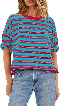 LAMISSCHE Womens Striped Shirt Short Sleeve Tops Summer Oversized Tshirts Boxy Tee Shirt Loose Fit