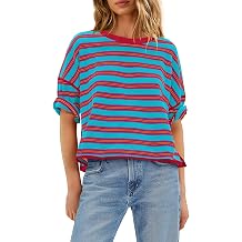 LAMISSCHE Womens Striped Shirt Short Sleeve Tops Summer Oversized Tshirts Boxy Tee Shirts Loose Fit