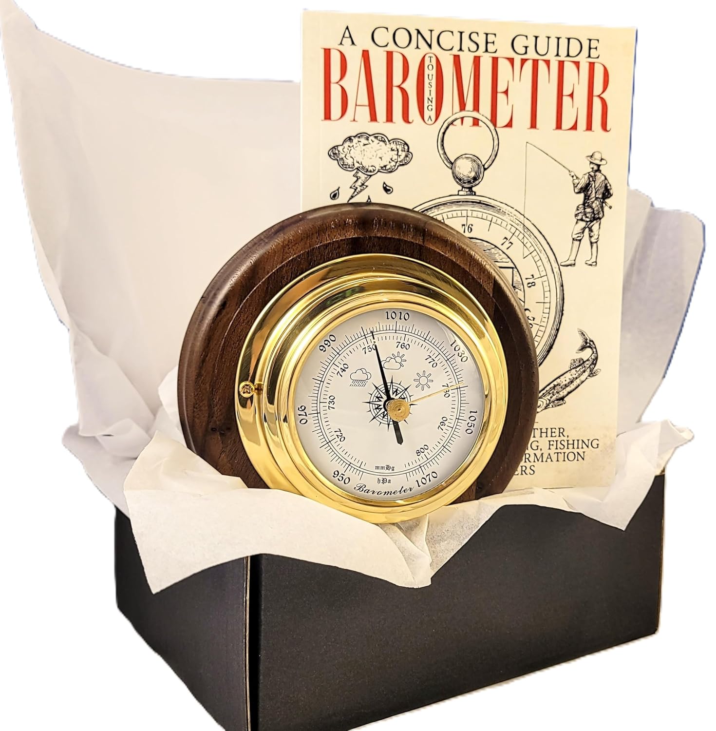 Barometer Gift-Wrapped With Book Weather Forcast Home Indoor Brass on Walnut Wood