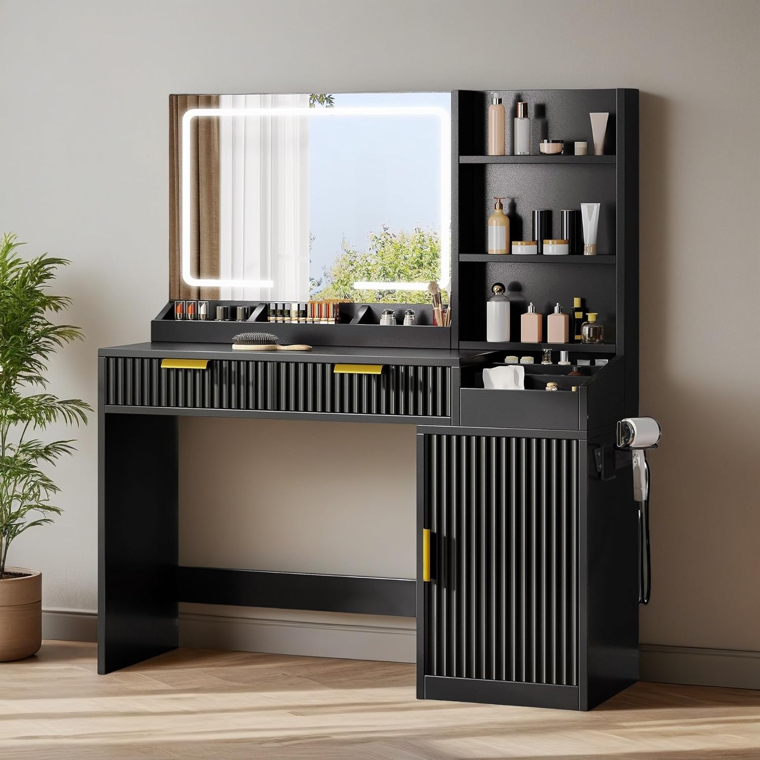 YITAHOME Large Makeup Vanity Desk with Mirror and Lights, Fluted Vanity Table with 2 Drawers & Adjustable Shelves, Makeup Mirror in 3 Modes Lighting, Dressing Table Set w/Charging Station, Black